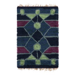 Vintage Swedish Rya Rug, Bold Scandinavian Medallions in Navy Blue - Rug & Kilim