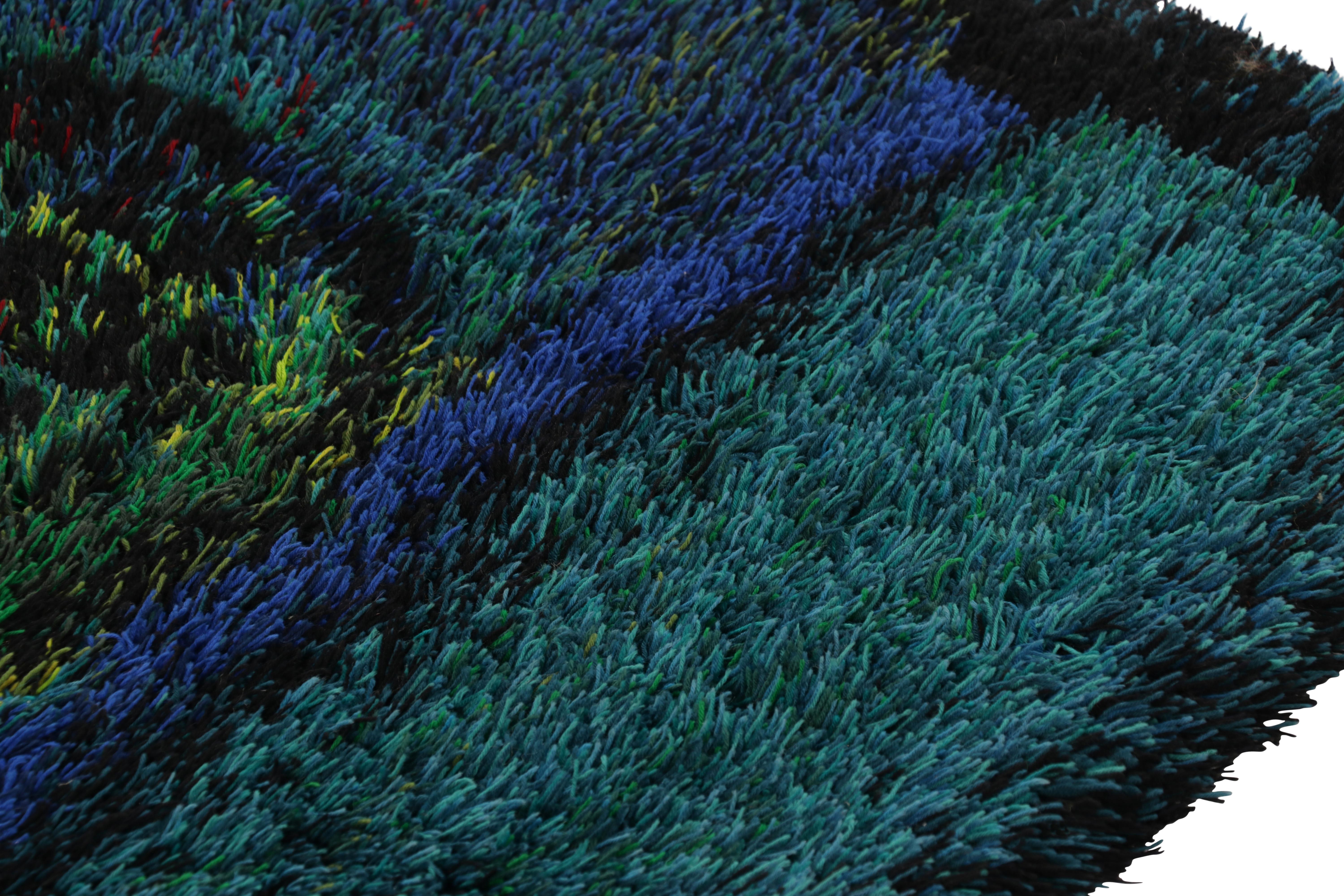 Scandinavo moderno Tappeto vintage svedese Rya, audaci motivi scandinavi in blu verde acqua - Rug & Kilim in vendita