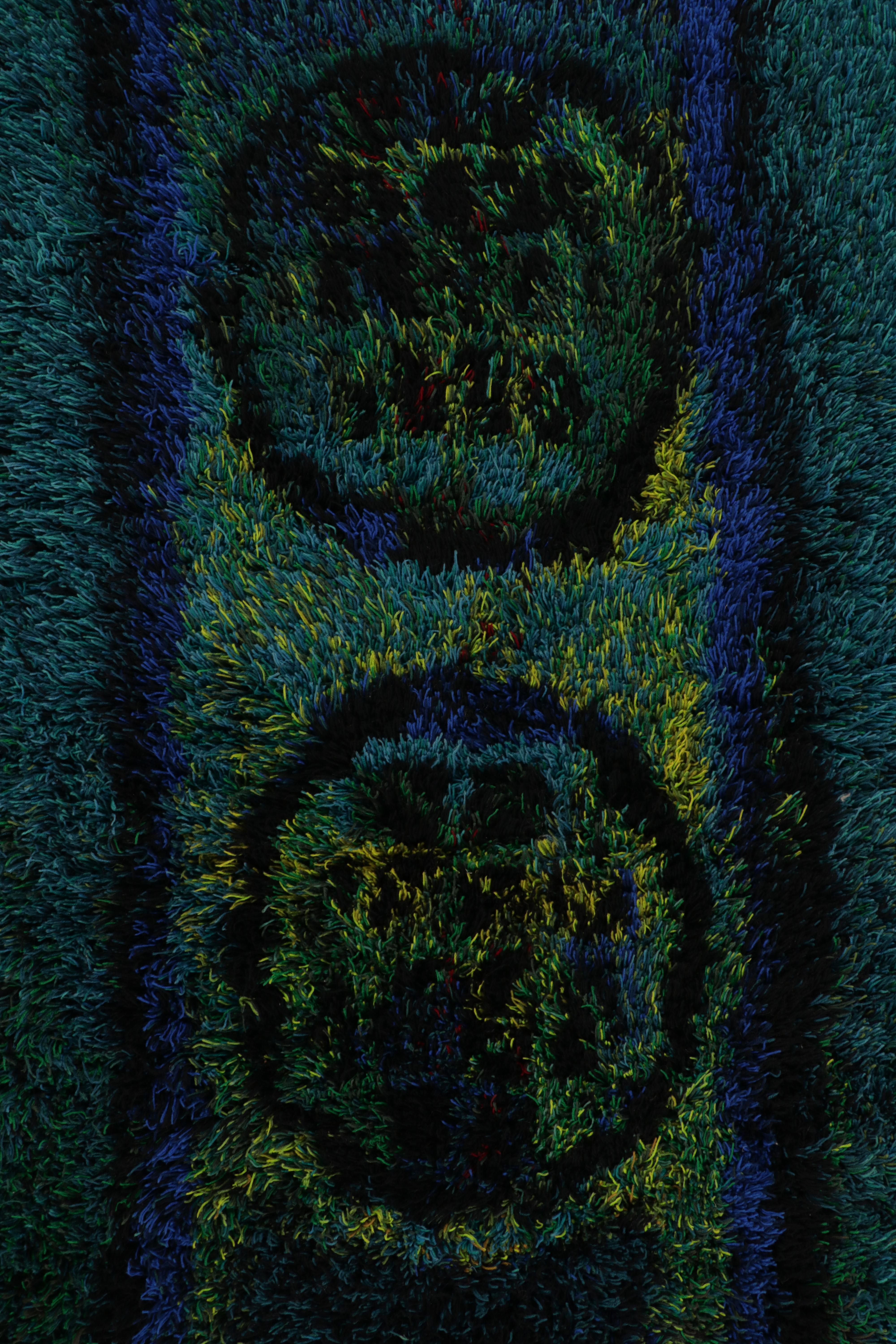 Tappeto vintage svedese Rya, audaci motivi scandinavi in blu verde acqua - Rug & Kilim In condizioni buone in vendita a Long Island City, NY