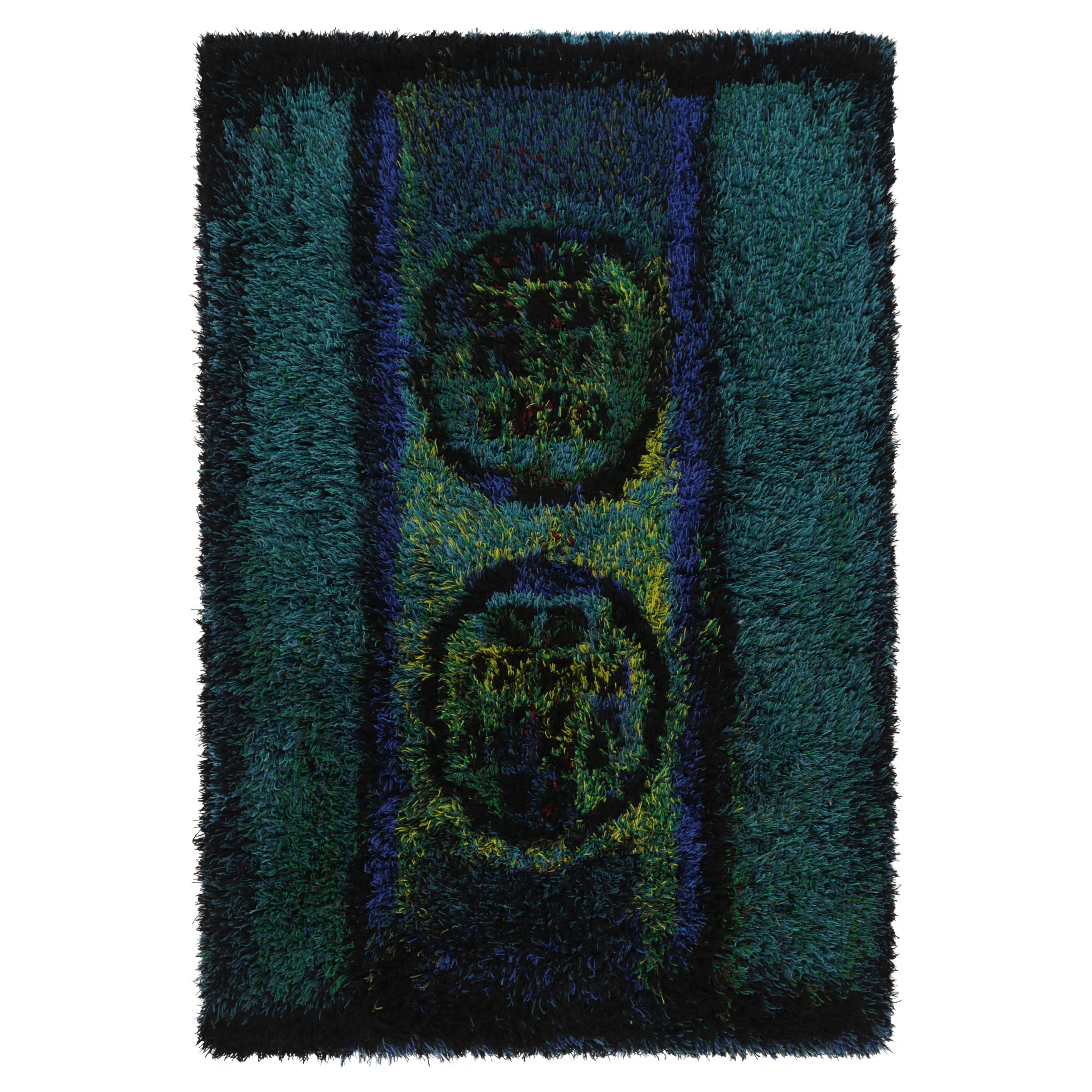 Vintage Swedish Rya Rug, Bold Scandinavian Motifs in Teal Blues - Rug 
Kilim
