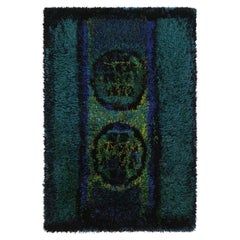 Vintage Swedish Rya Rug, Bold Scandinavian Motifs in Teal Blues - Rug 
Kilim