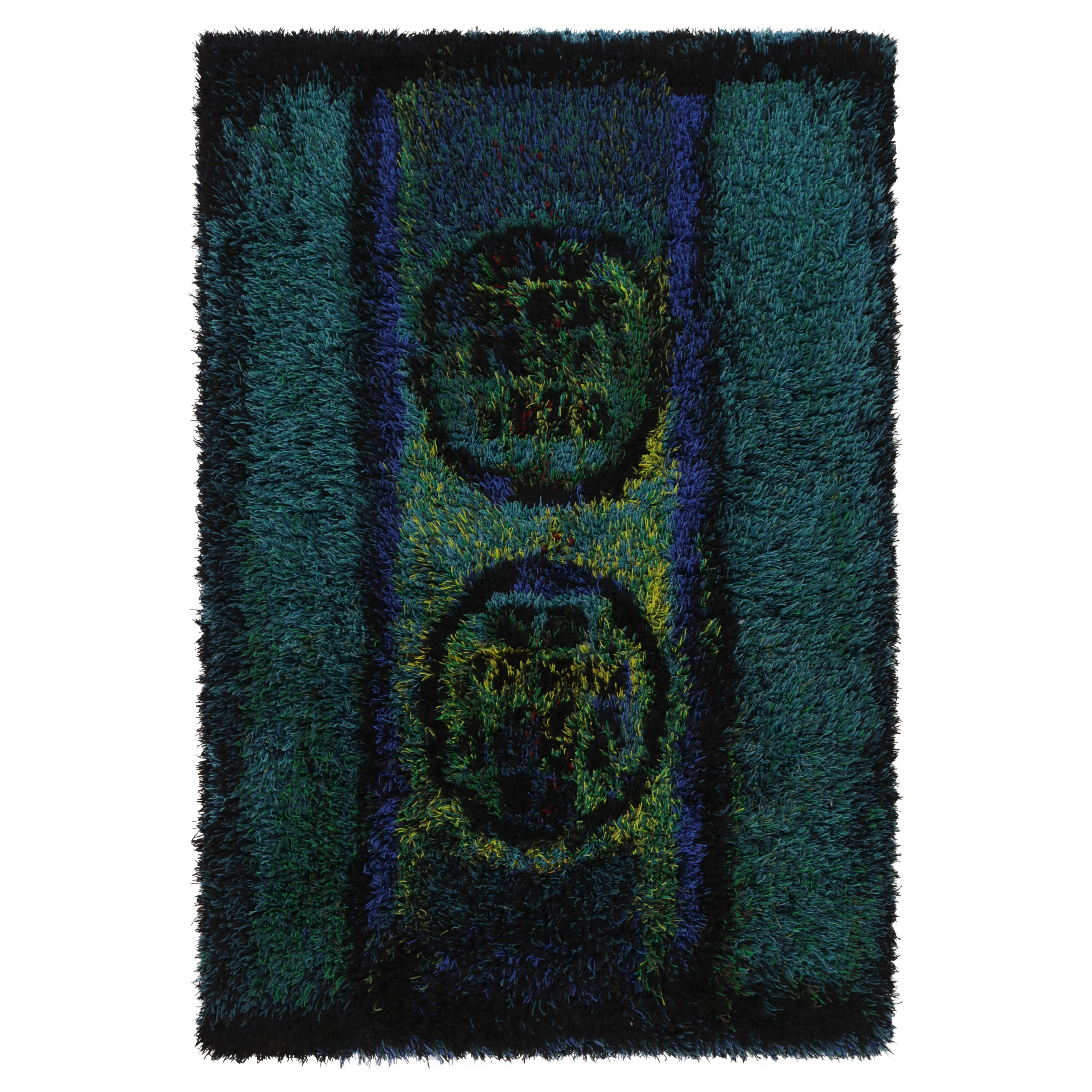 Vintage Swedish Rya Rug, Bold Scandinavian Motifs in Teal Blues - Rug 
Kilim