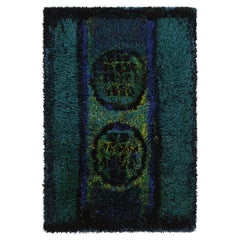 Vintage Swedish Rya Rug, Bold Scandinavian Motifs in Teal Blues - Rug 
Kilim