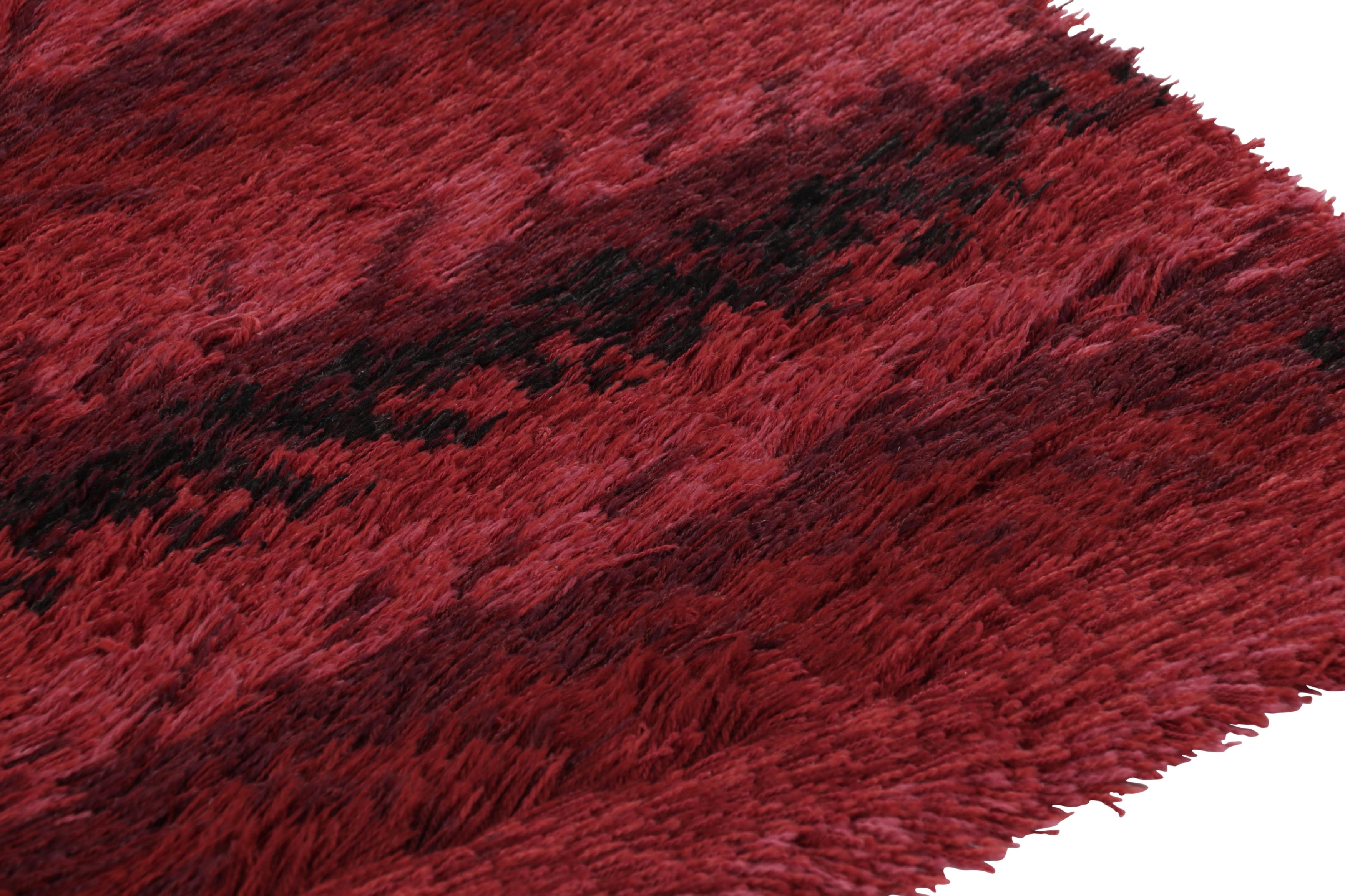 Hand-Knotted Vintage Swedish Rya Rug, Bold Scandinavian Strips in Rich Red - Rug & Kilim For Sale