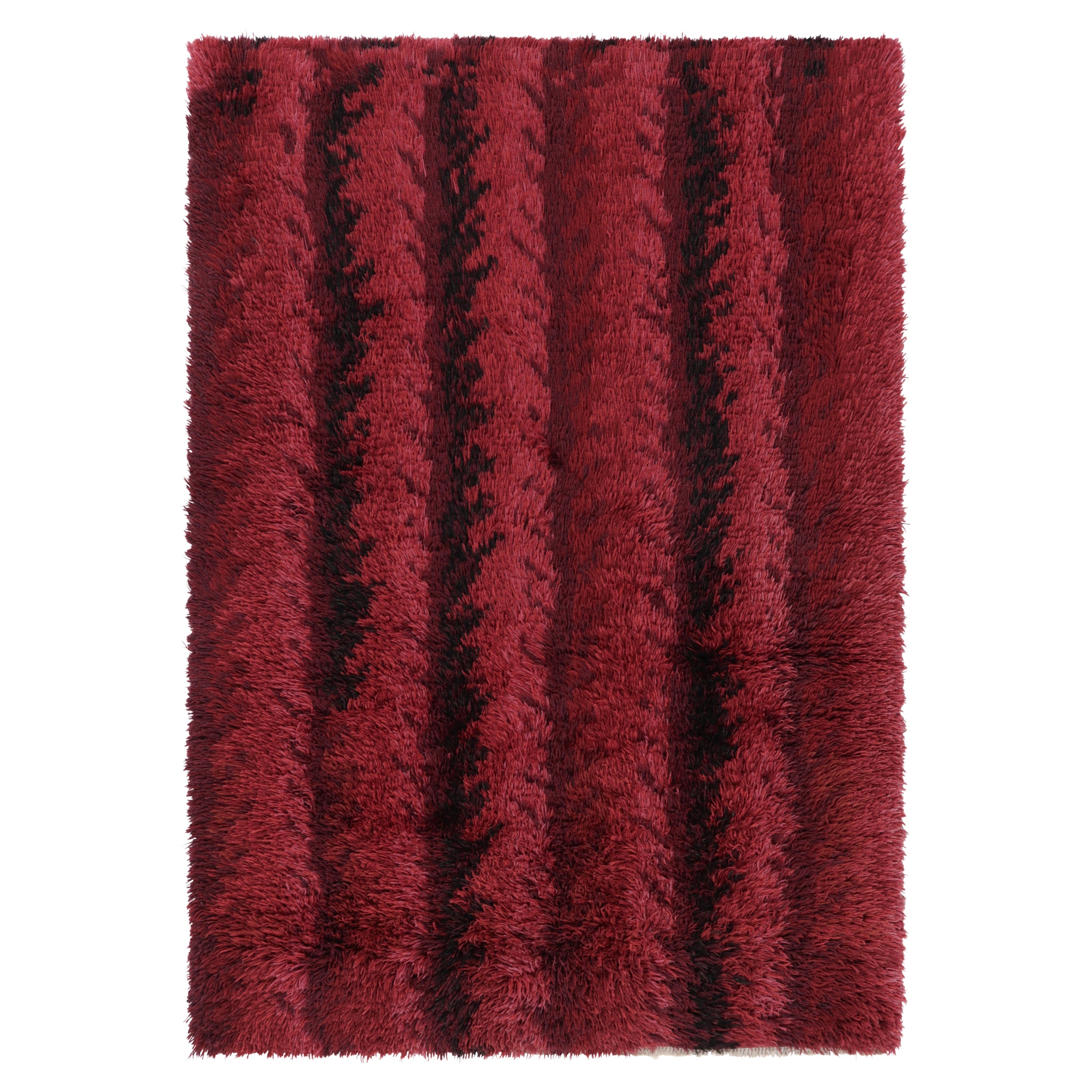 Vintage Swedish Rya Rug, Bold Scandinavian Strips in Rich Red - Rug & Kilim For Sale