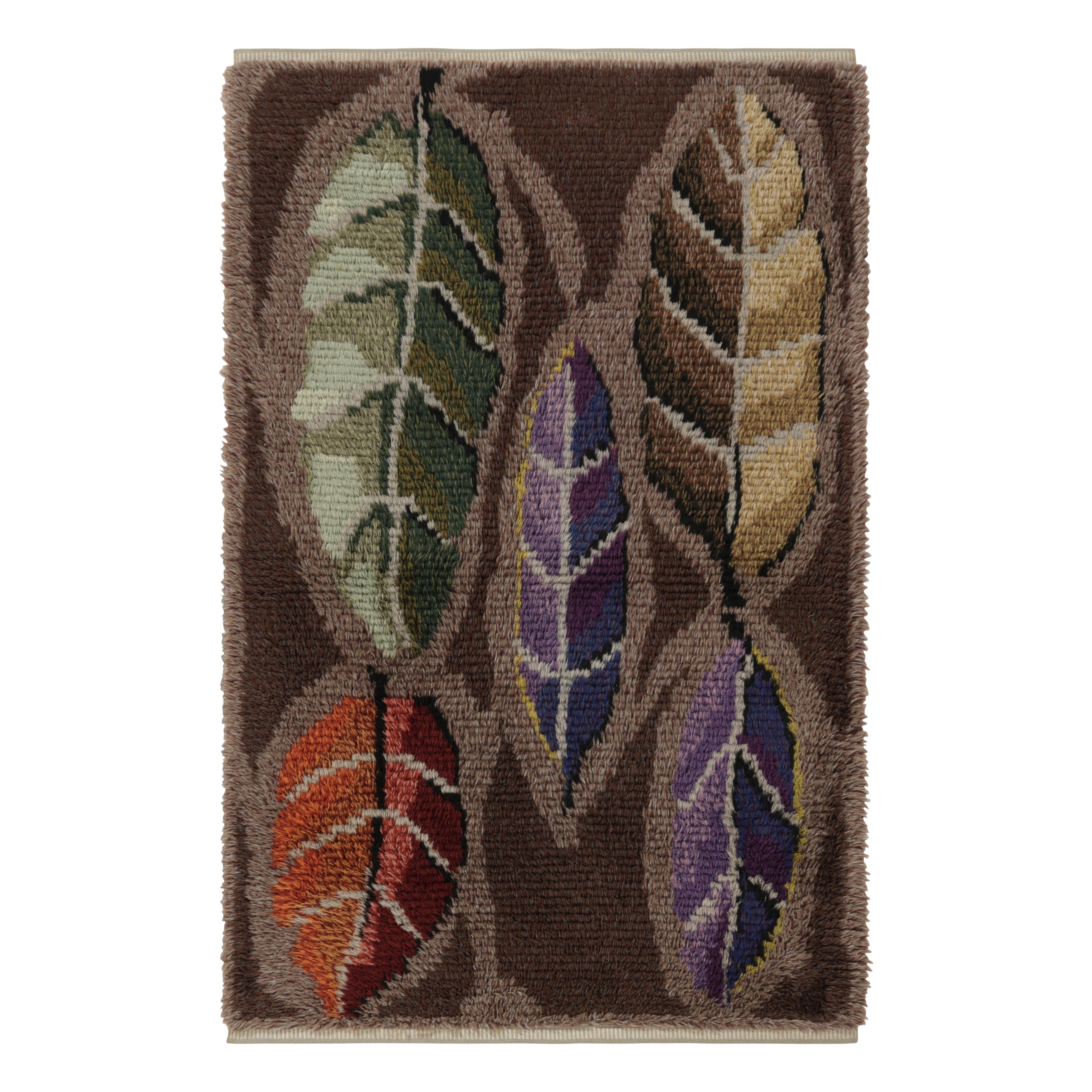 Tappeto Rya svedese vintage, marrone con fiori scandinavi a foglie - Rug & Kilim