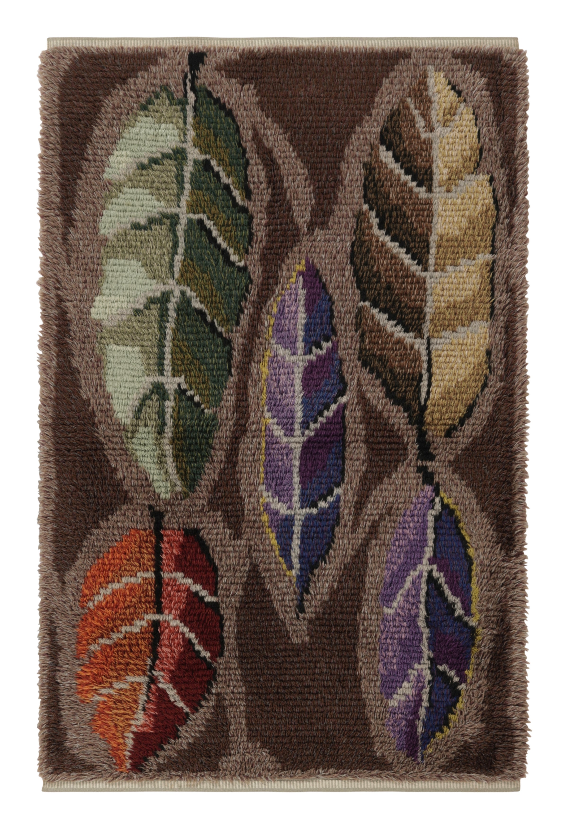Tappeto Rya svedese vintage, marrone con fiori scandinavi a foglie - Rug & Kilim