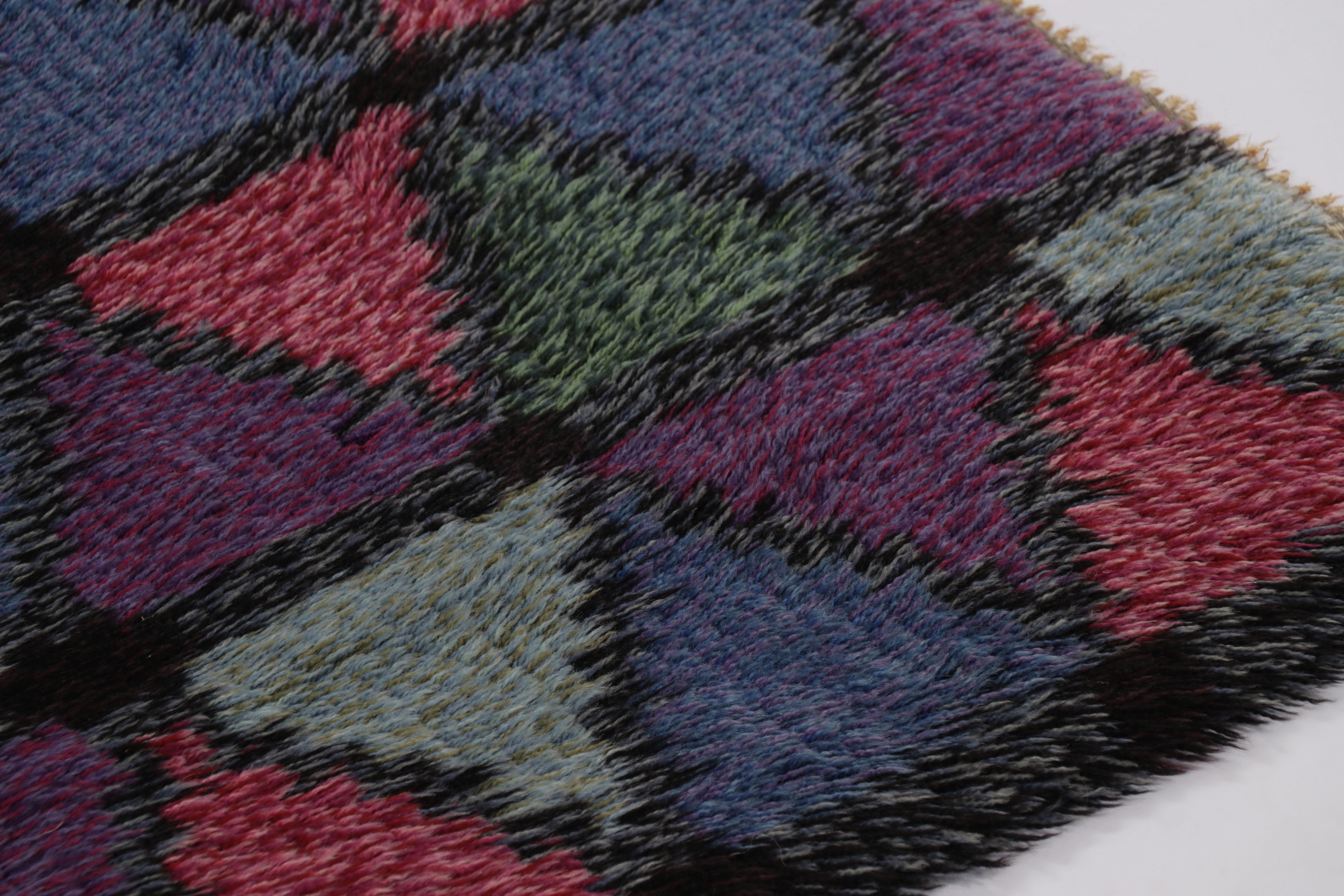 Vintage Swedish Rya Rug, Bunte skandinavische geometrische Muster - Rug & Kilim (Mitte des 20. Jahrhunderts) im Angebot