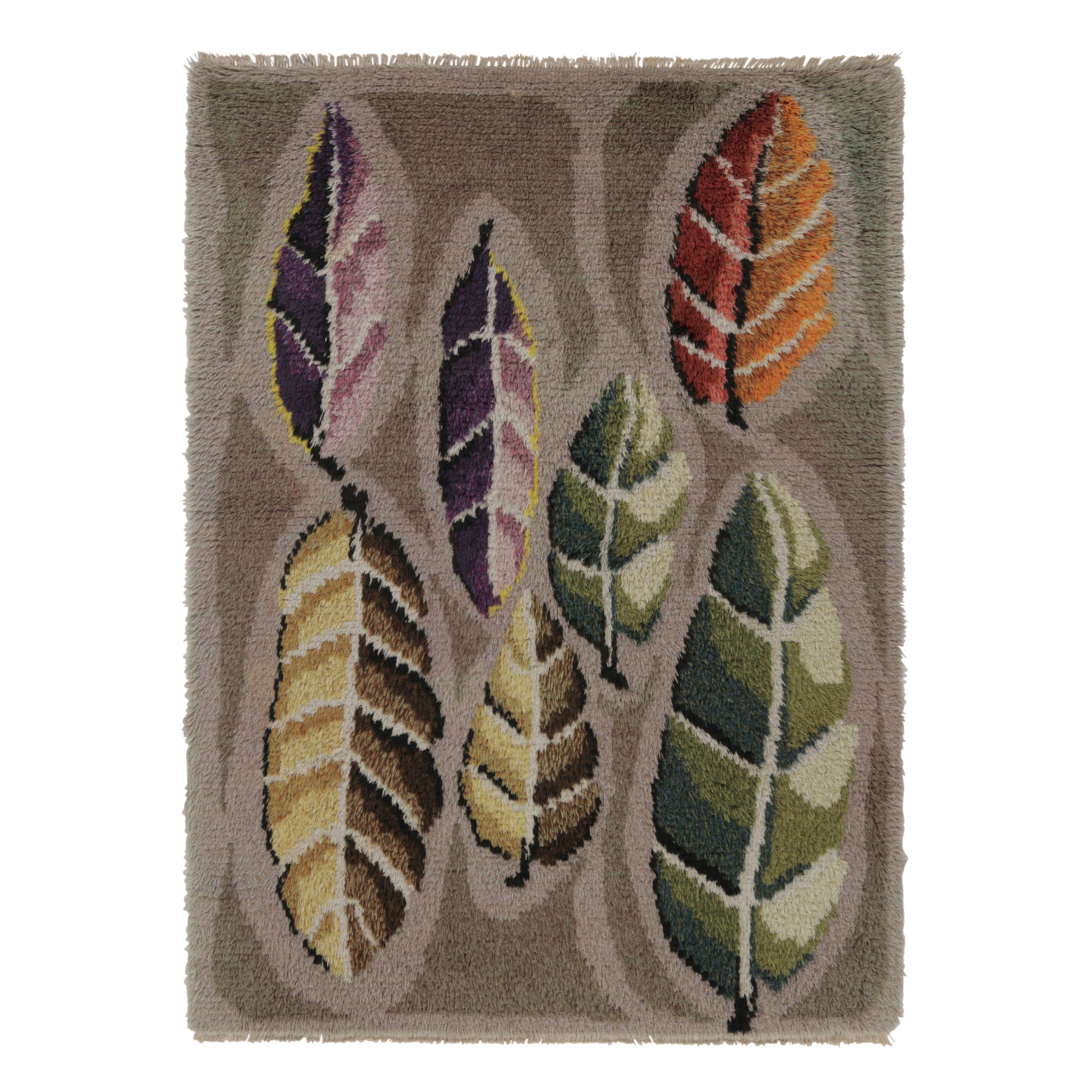 Tappeto vintage svedese Rya, grigio con fiori scandinavi - Rug & Kilim