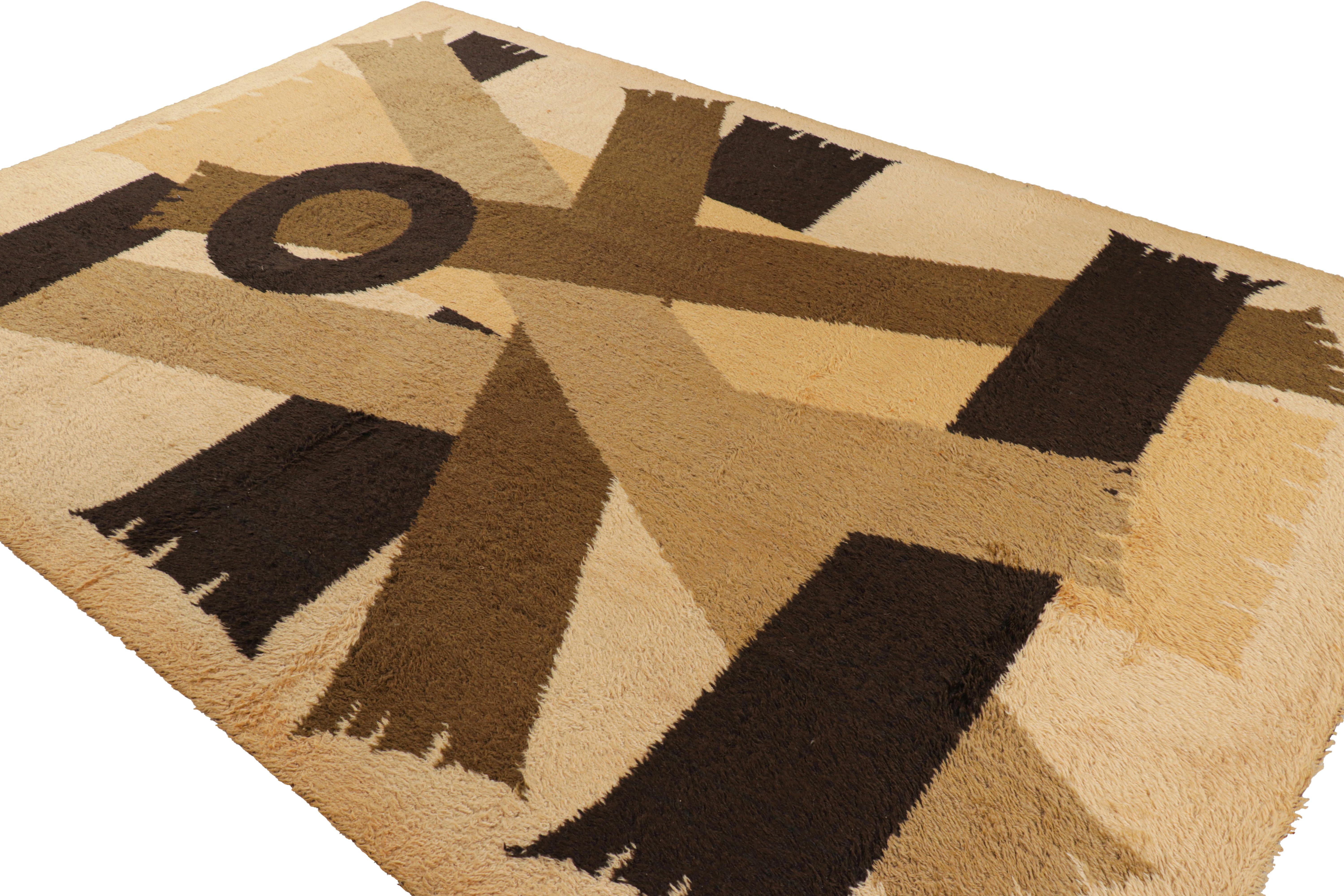 Vintage Swedish Rya Rug in Beige-Brown with Geometric Patterns, from Rug & Kilim In Good Condition For Sale In Long Island City, NY