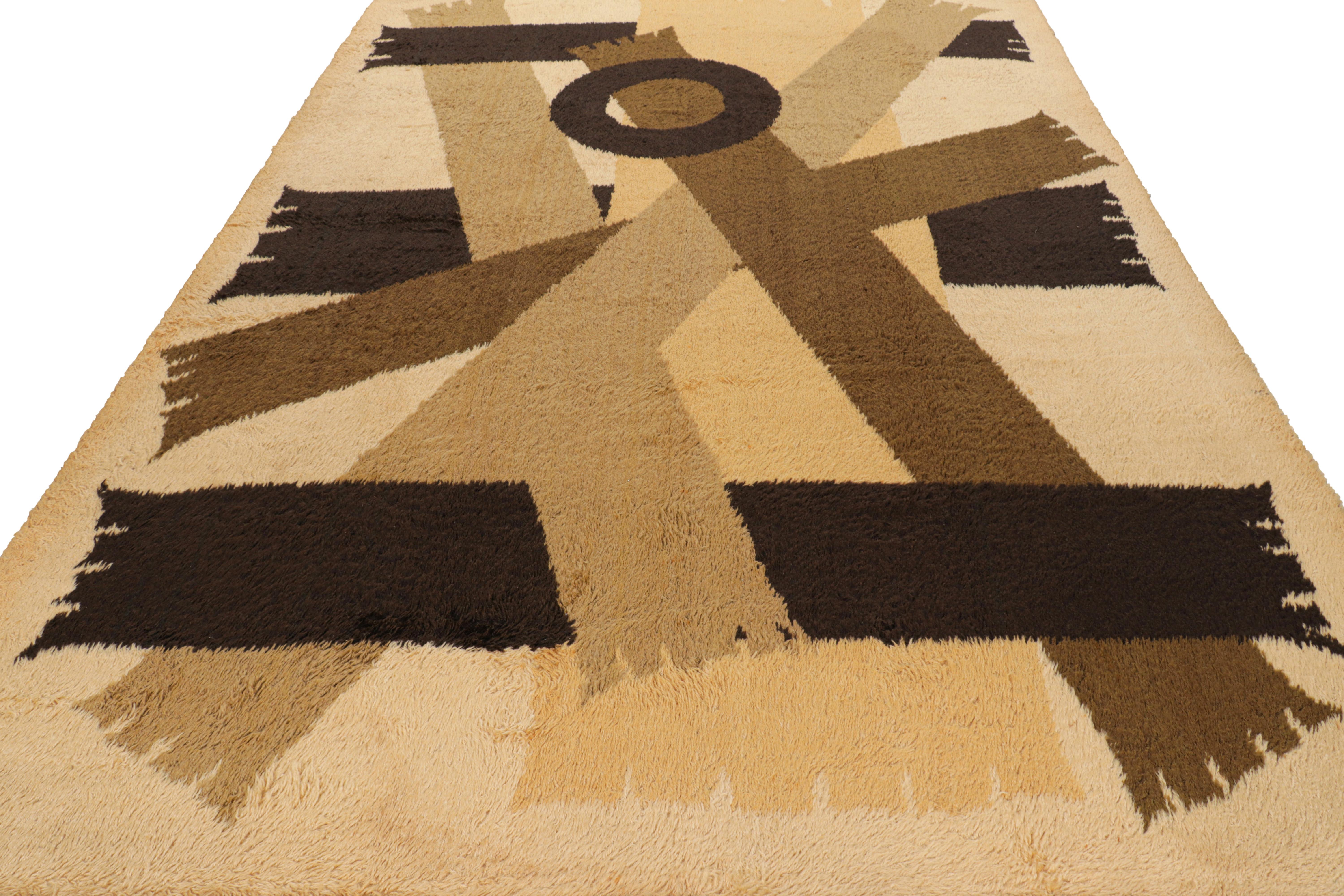 Mid-20th Century Vintage Swedish Rya Rug in Beige-Brown with Geometric Patterns, from Rug & Kilim For Sale