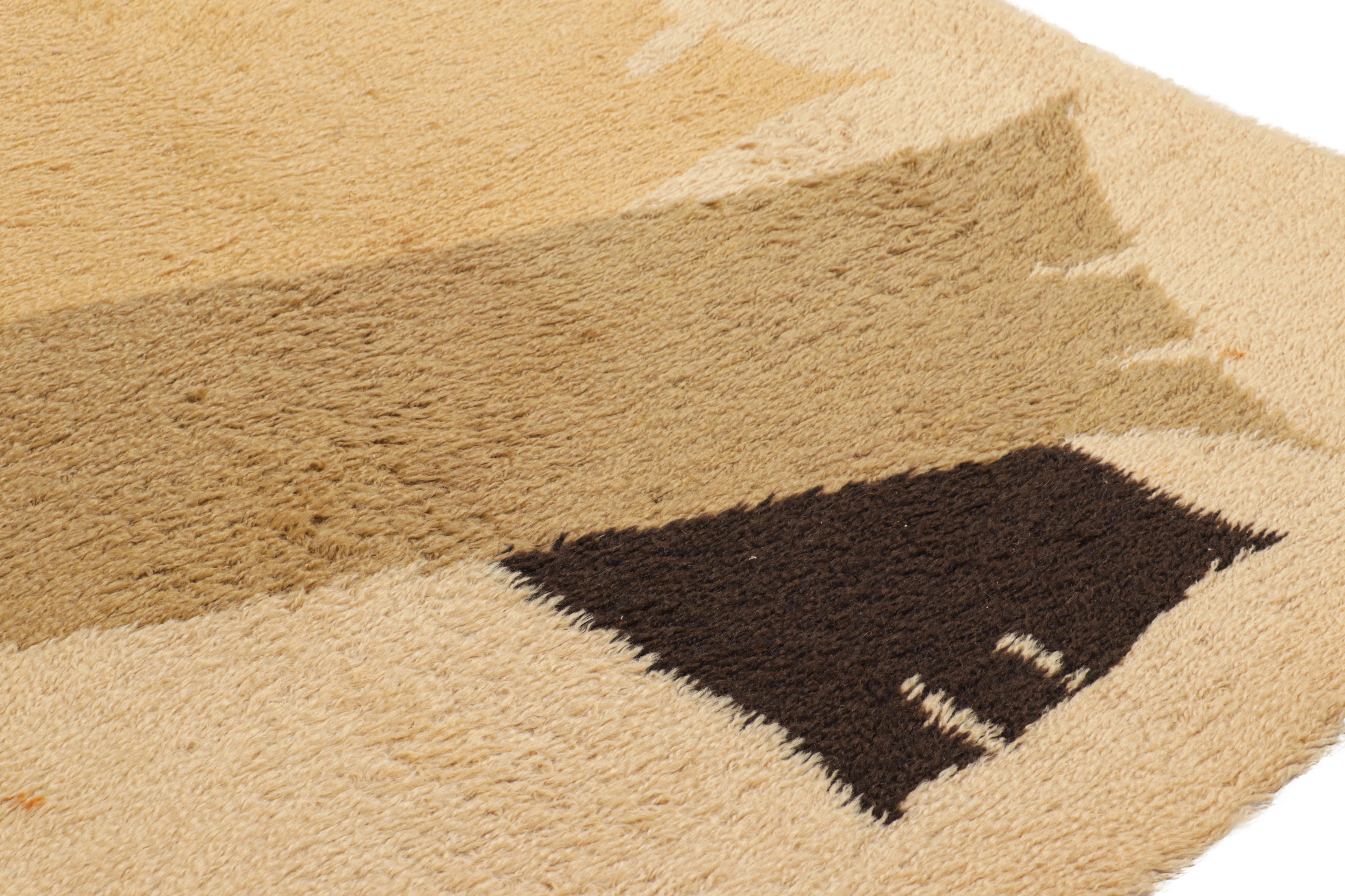 Wool Vintage Swedish Rya Rug in Beige-Brown with Geometric Patterns, from Rug & Kilim For Sale