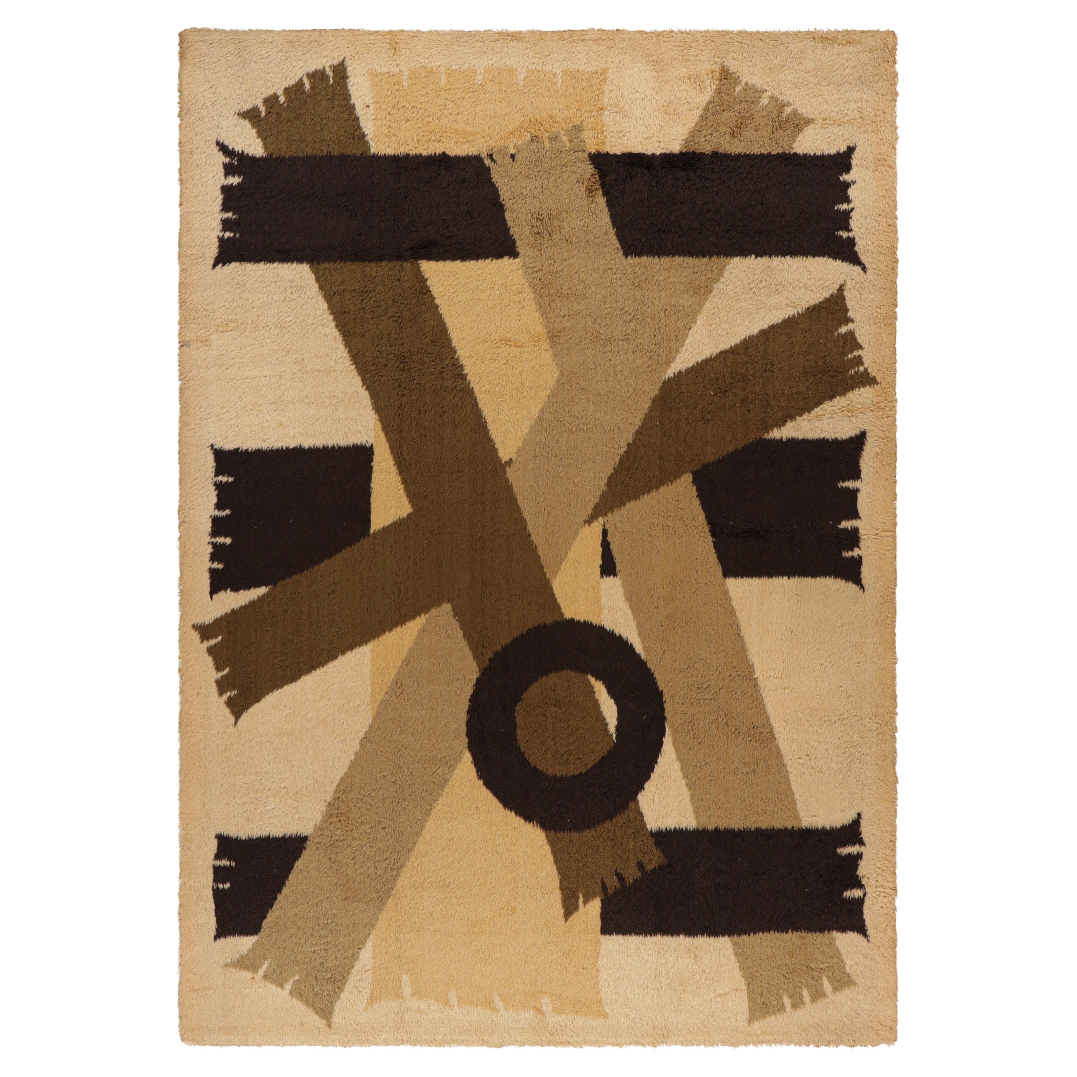 Vintage Swedish Rya Rug in Beige-Brown with Geometric Patterns, from Rug & Kilim