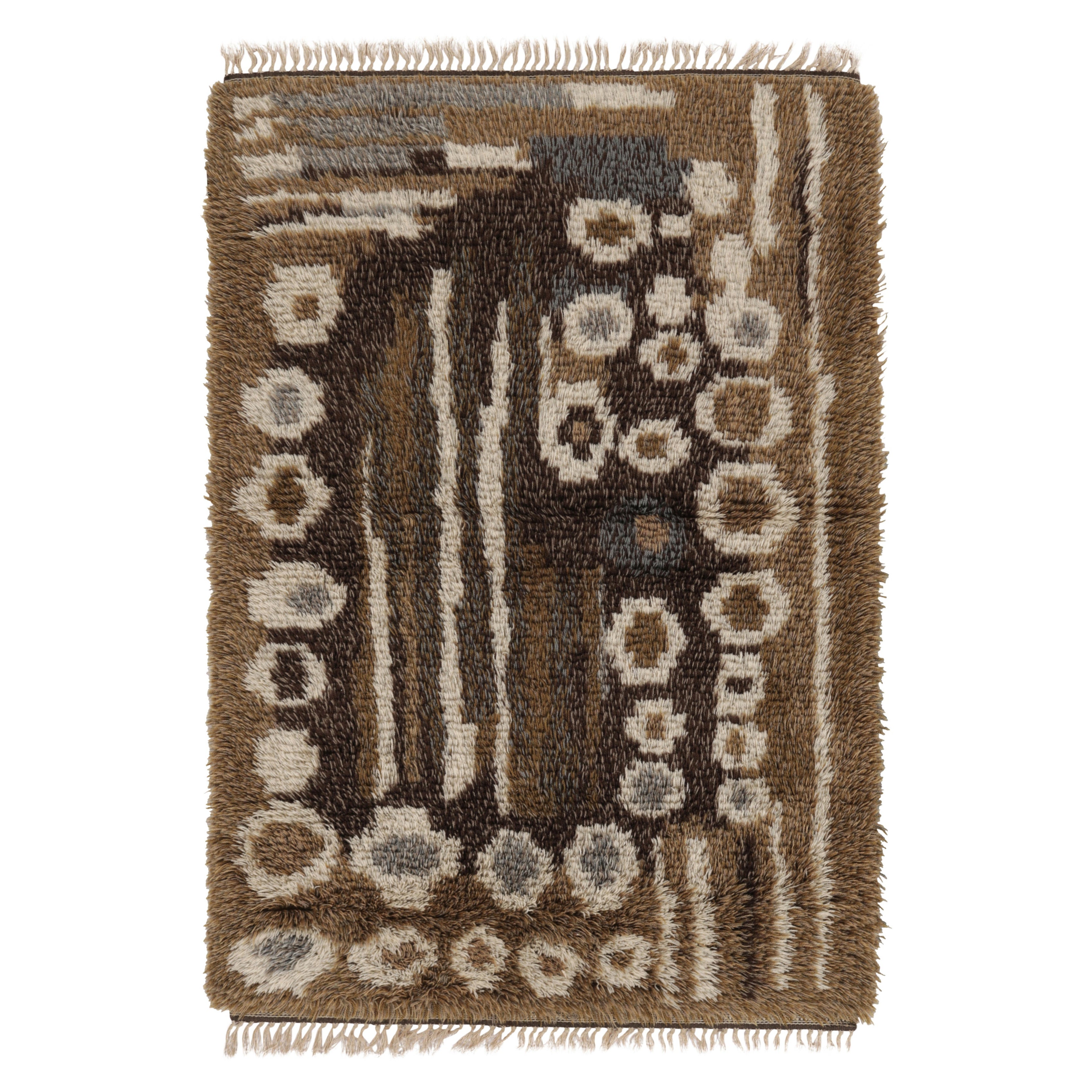 Vintage Swedish Rya Rug in Beige-Brown with Geometric Patterns - Rug & Kilim