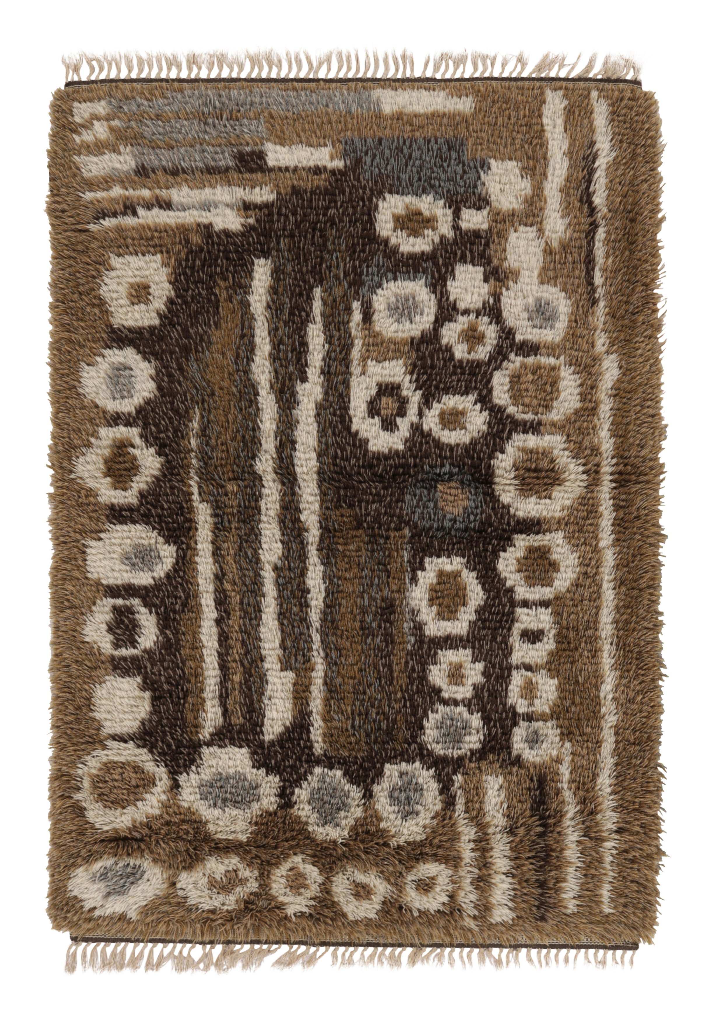 Alfombra sueca vintage Rya en beige-marrón con motivos geométricos - Rug & Kilim