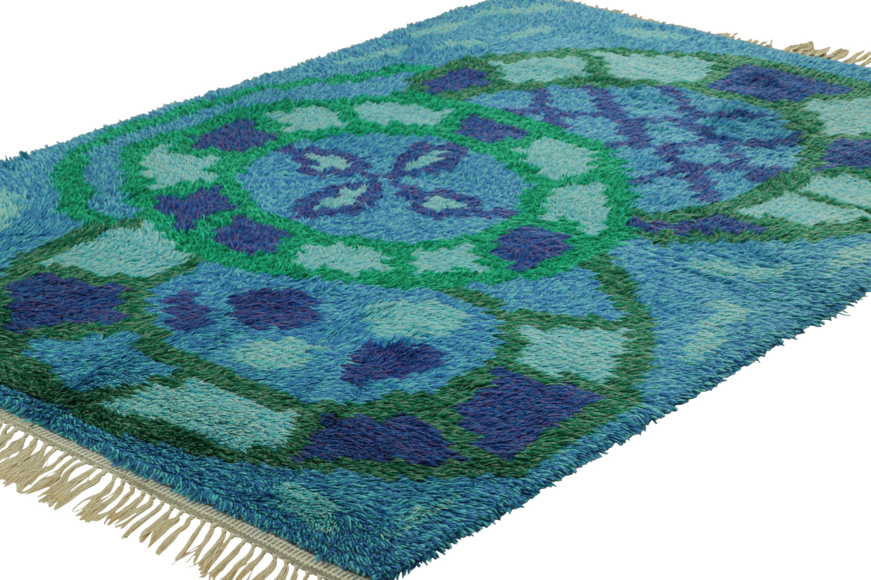 Vintage Swedish Rya Rug In Blue and Green with Geometric Pattern  Rug & Kilim In Good Condition For Sale In Long Island City, NY