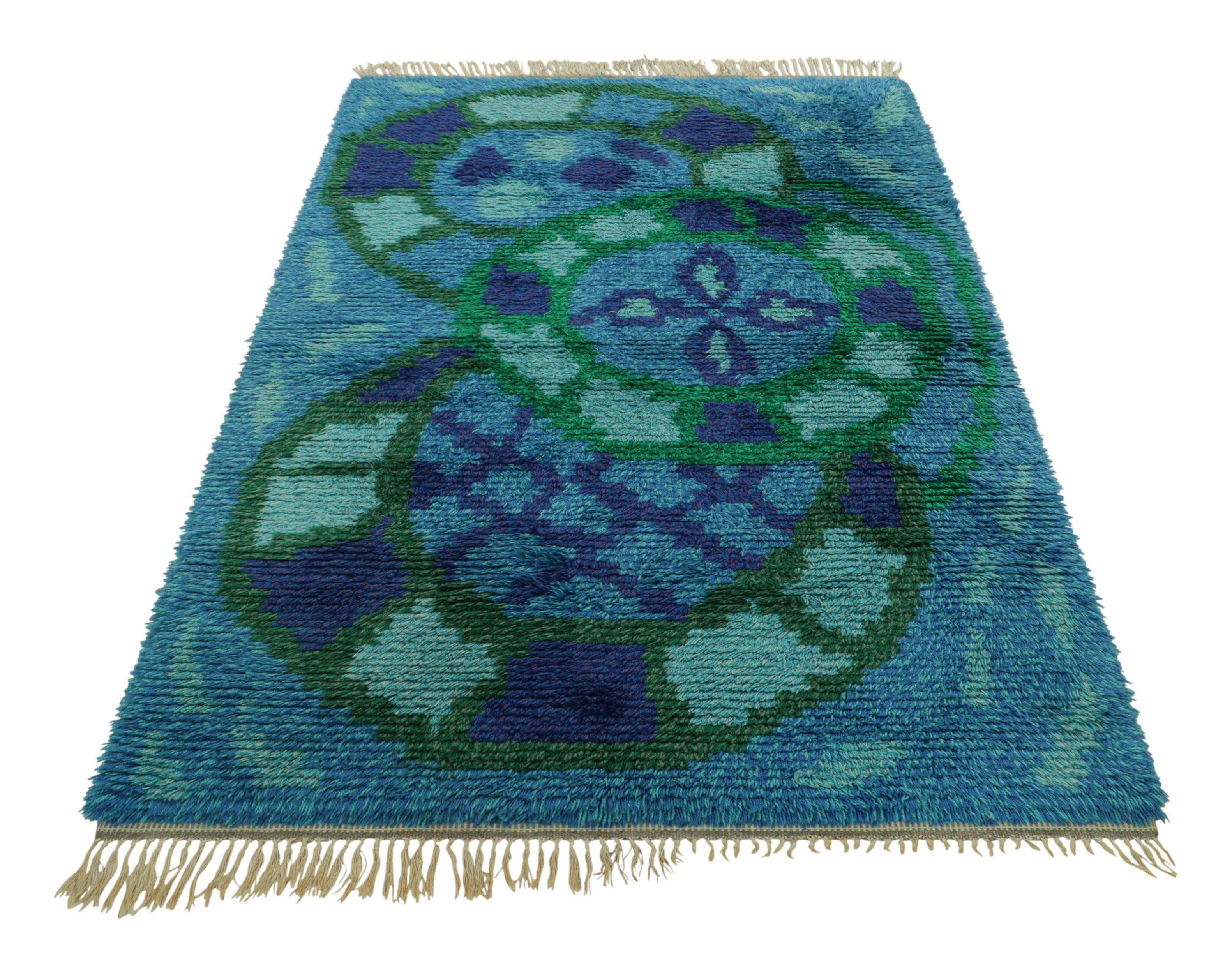 Mid-20th Century Vintage Swedish Rya Rug In Blue and Green with Geometric Pattern  Rug & Kilim For Sale