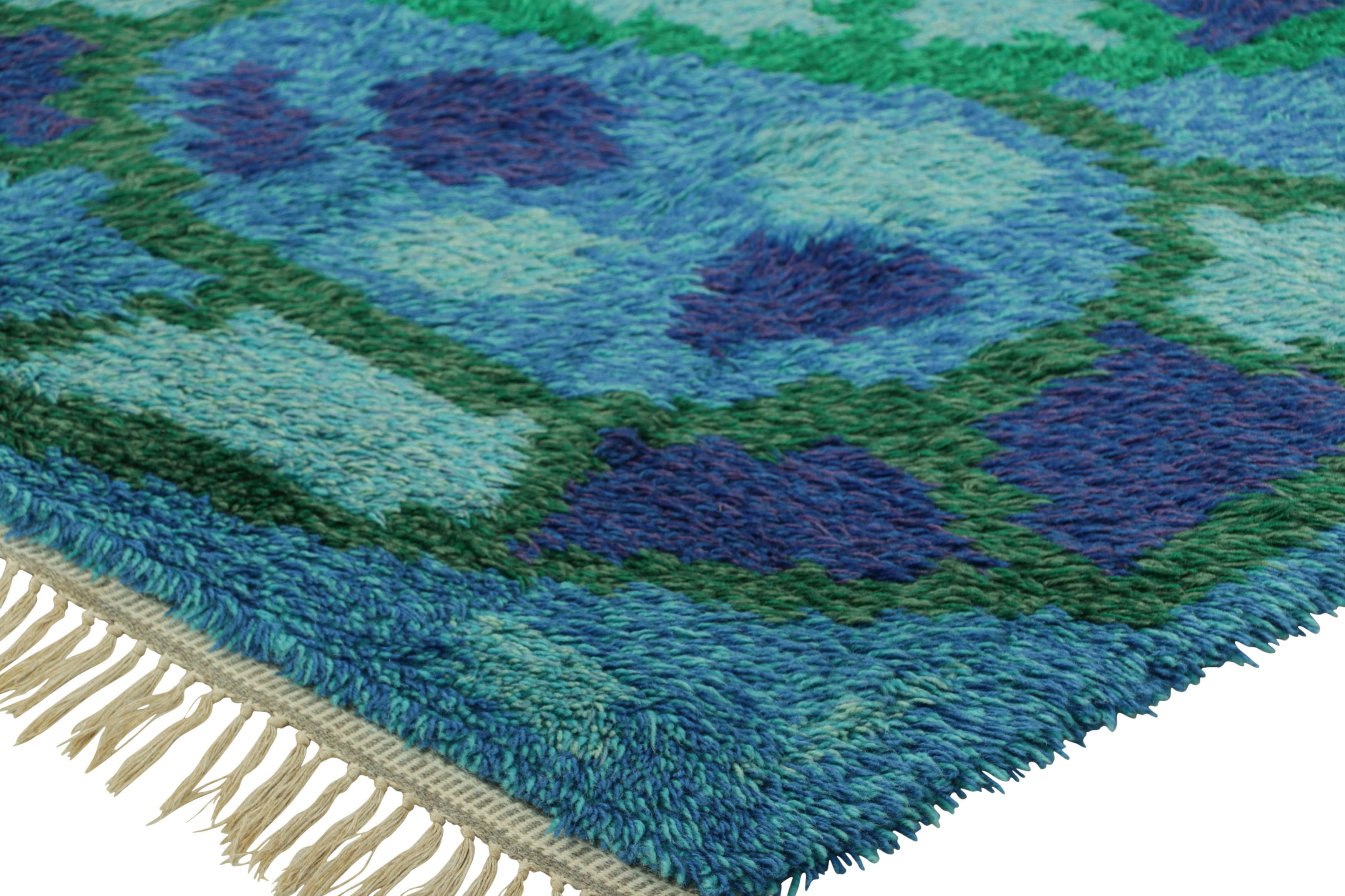 Wool Vintage Swedish Rya Rug In Blue and Green with Geometric Pattern  Rug & Kilim For Sale
