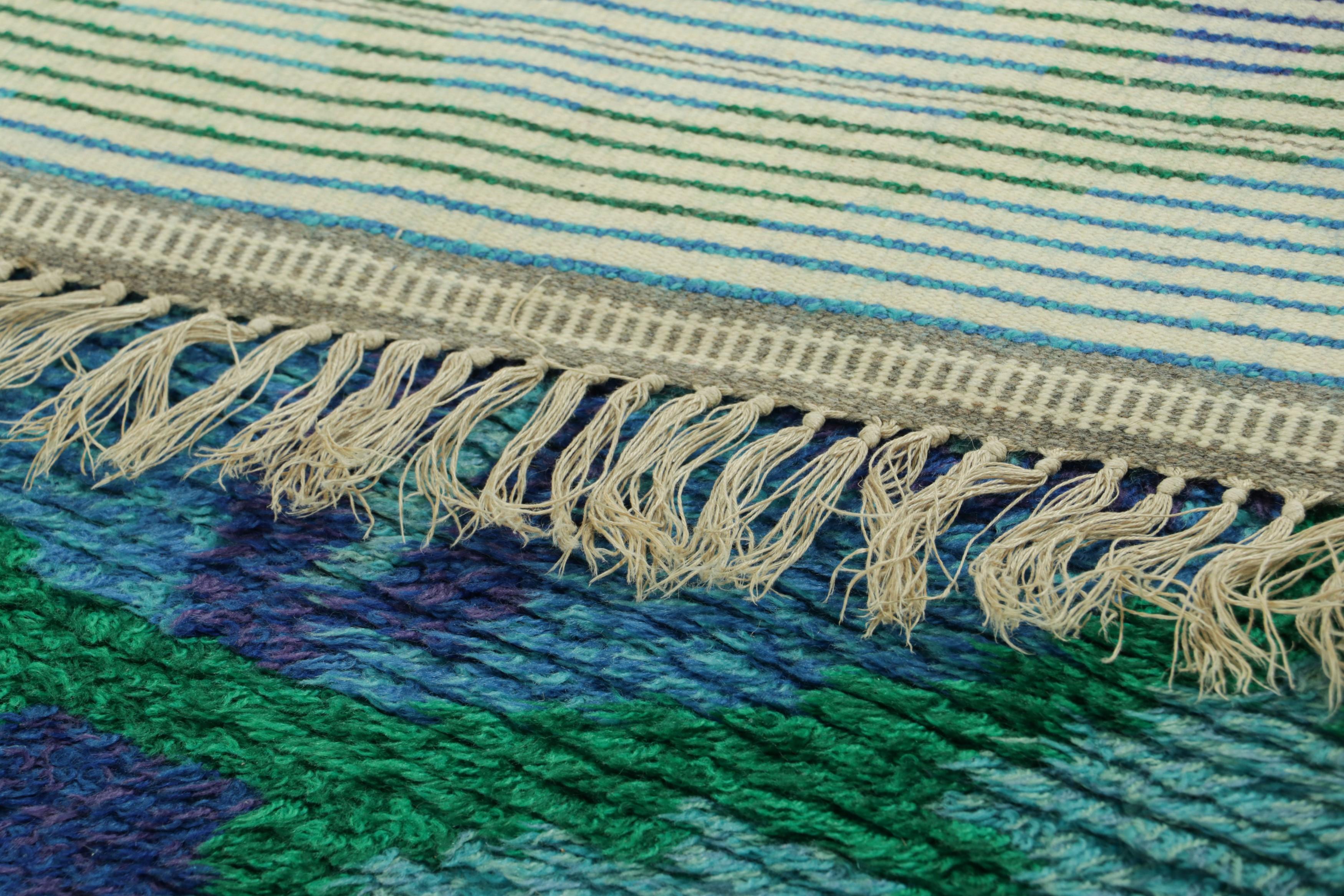 Vintage Swedish Rya Rug In Blue and Green with Geometric Pattern  Rug & Kilim For Sale 1