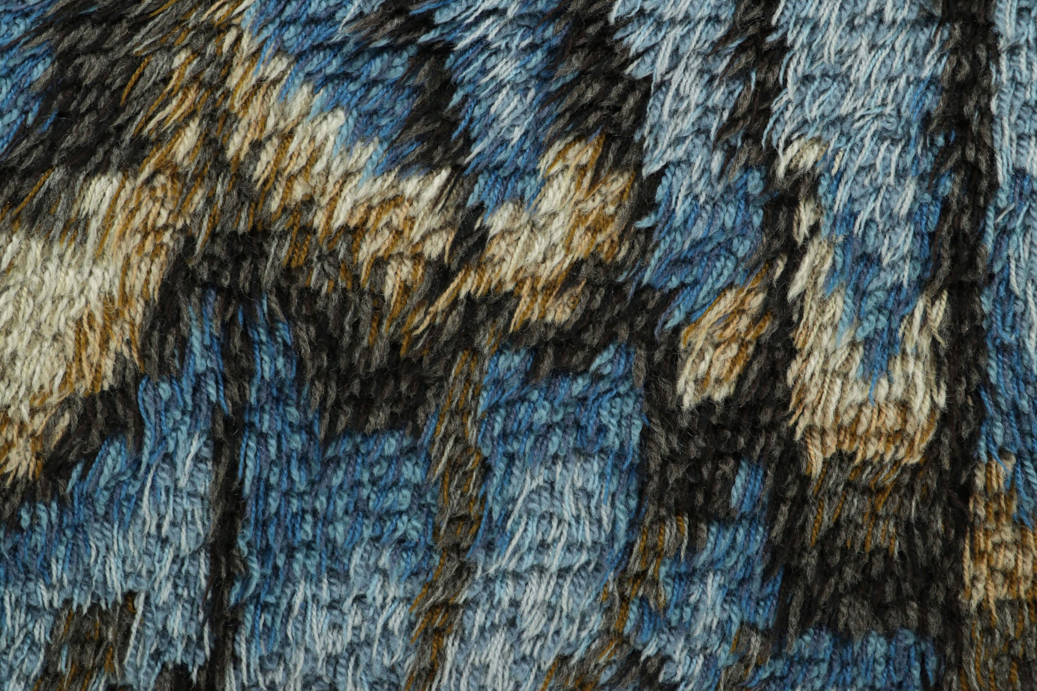 Hand-Knotted Vintage Swedish Rya Rug In Blue with Geometric Pattern  Rug & Kilim For Sale