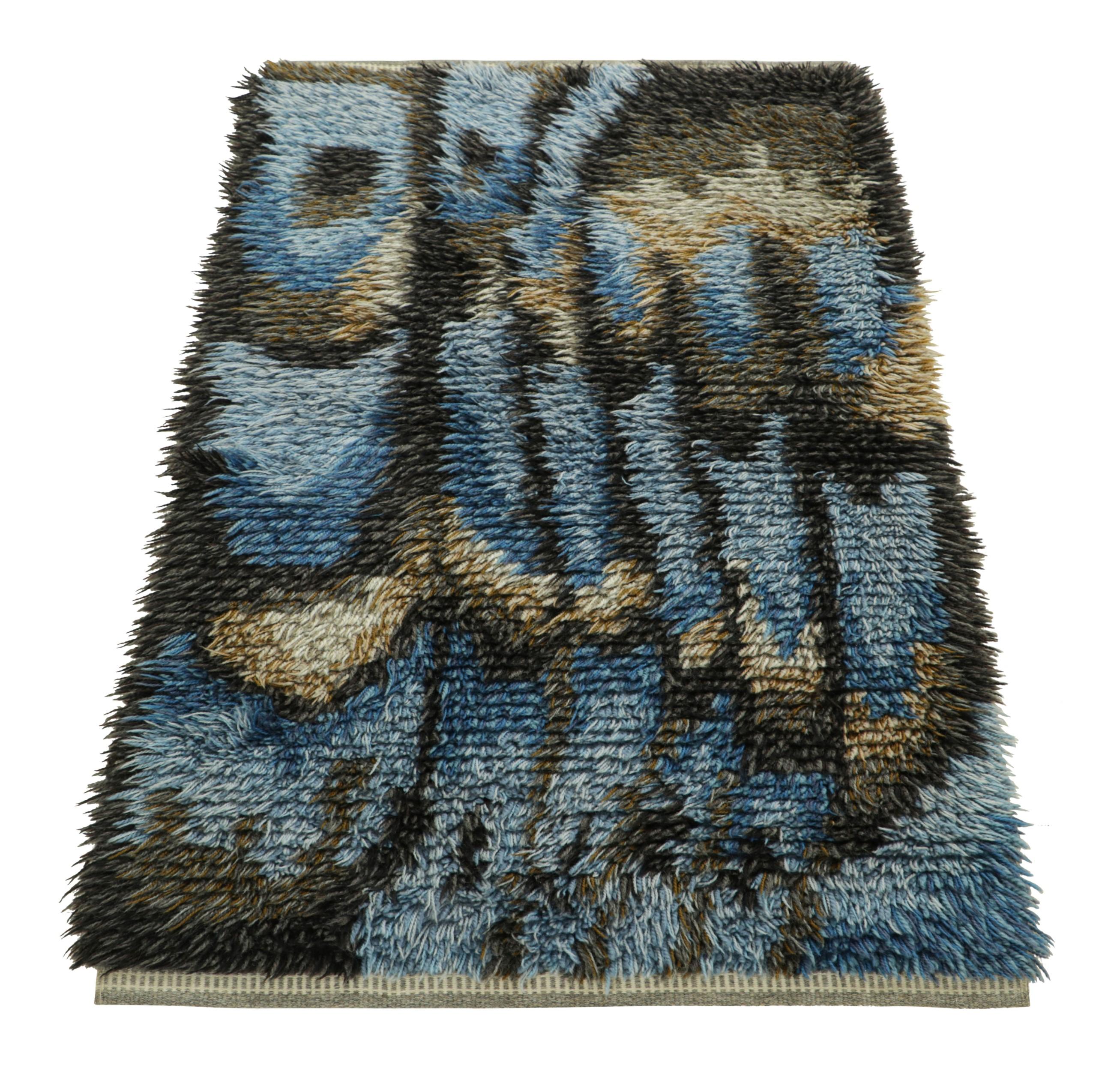 Mid-20th Century Vintage Swedish Rya Rug In Blue with Geometric Pattern  Rug & Kilim For Sale