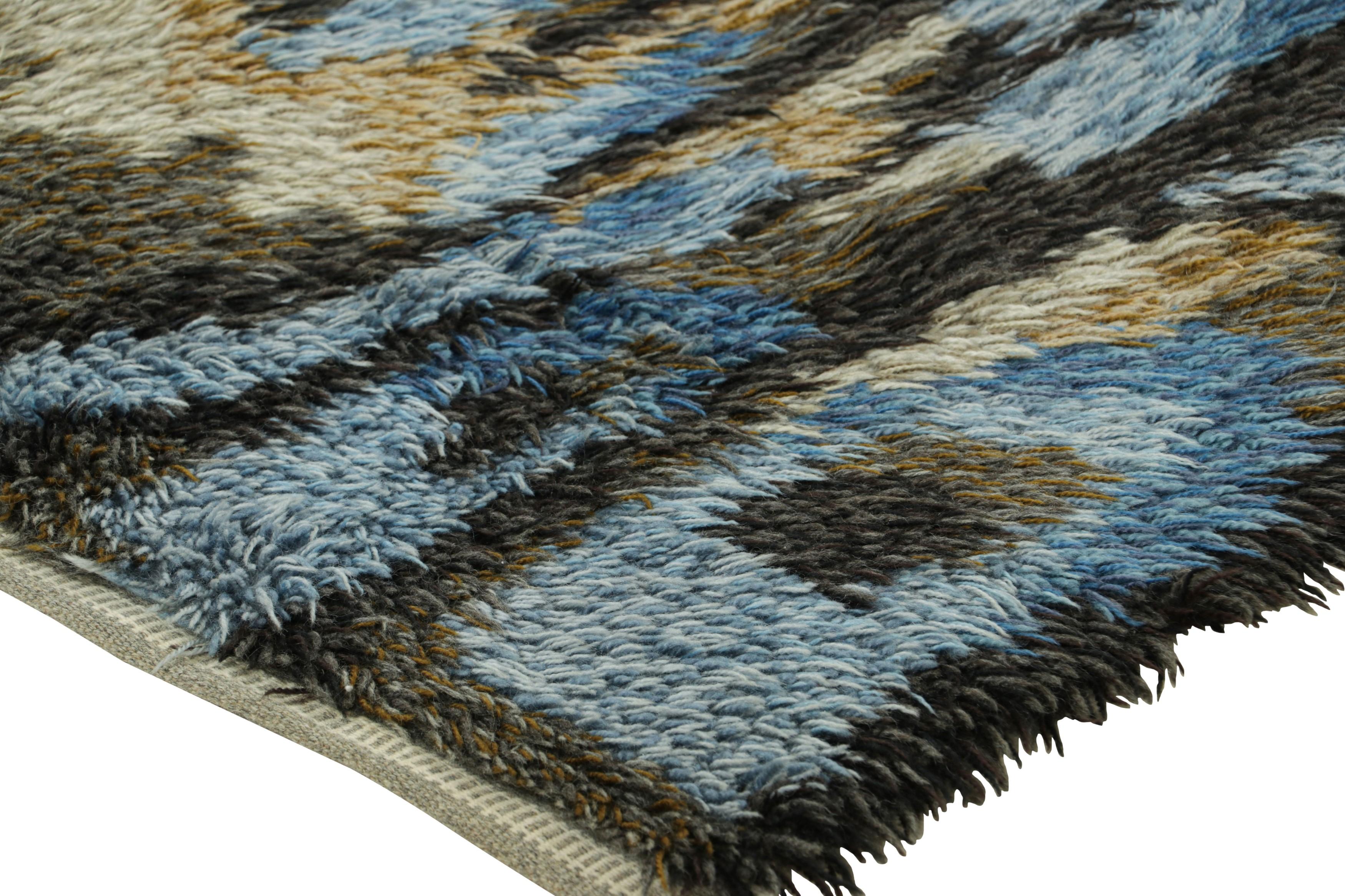 Wool Vintage Swedish Rya Rug In Blue with Geometric Pattern  Rug & Kilim For Sale