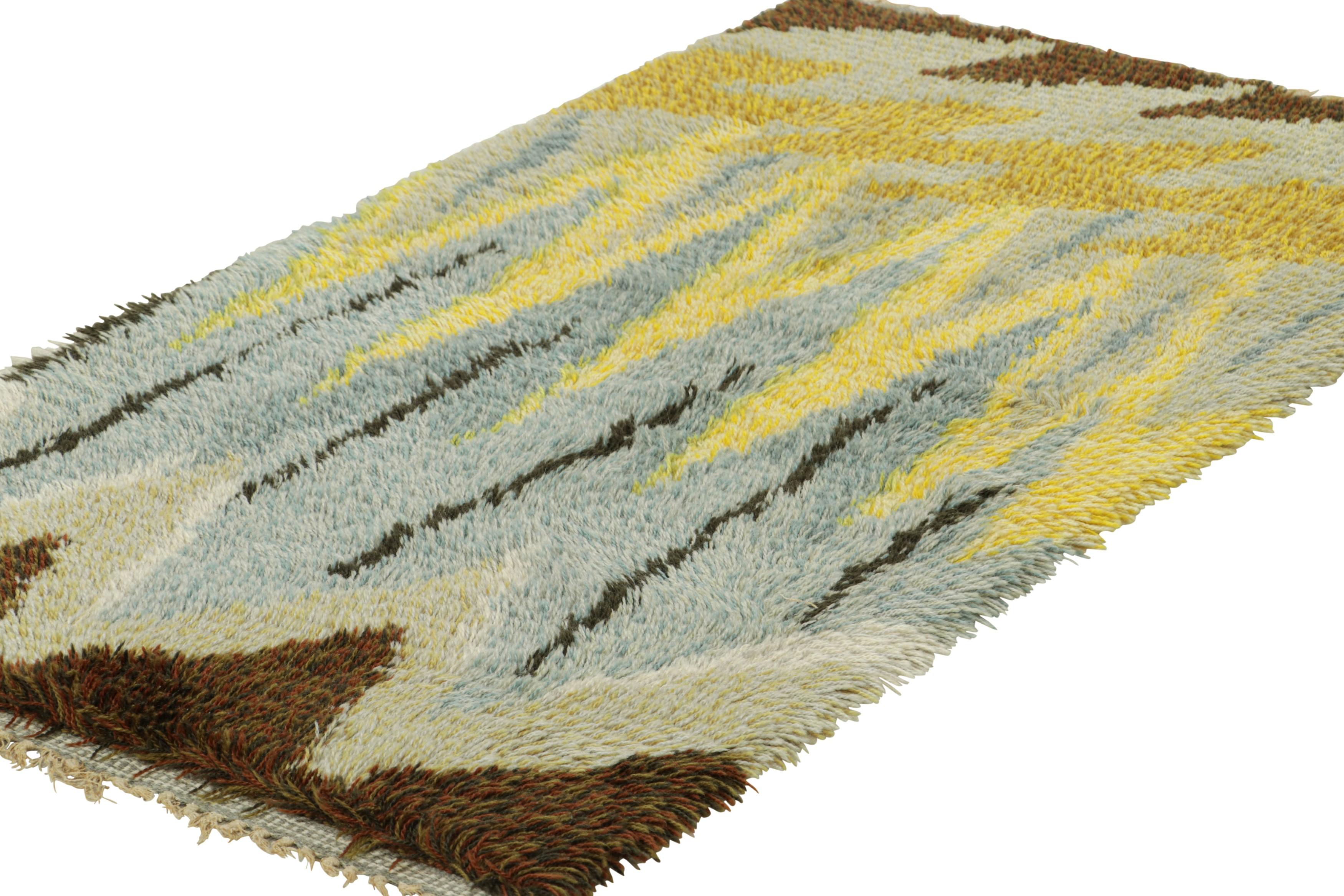 Vintage Swedish Rya Rug In Brown and Blue with Geometric Pattern  Rug & Kilim In Good Condition For Sale In Long Island City, NY