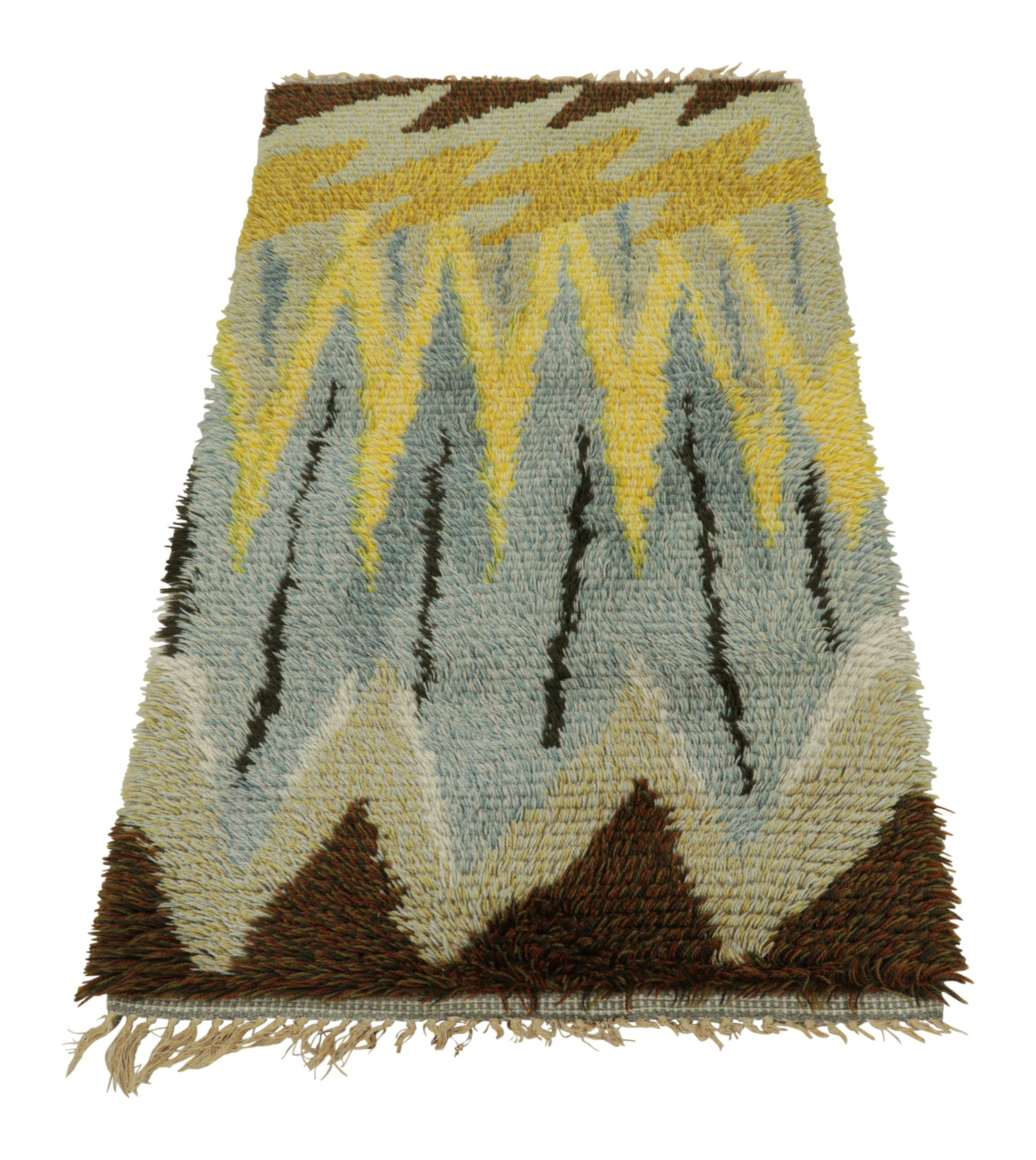 Mid-20th Century Vintage Swedish Rya Rug In Brown and Blue with Geometric Pattern  Rug & Kilim For Sale