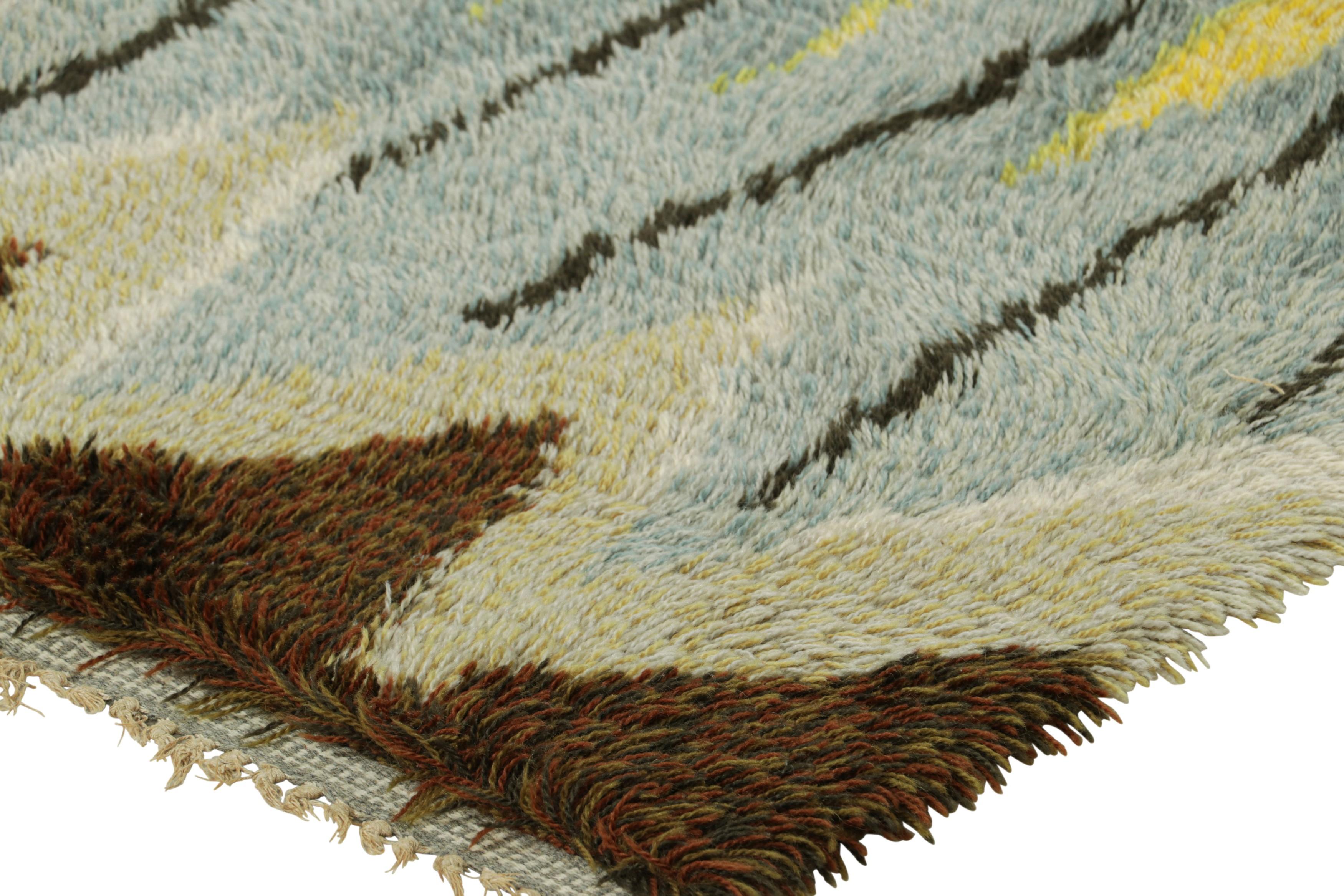 Wool Vintage Swedish Rya Rug In Brown and Blue with Geometric Pattern  Rug & Kilim For Sale
