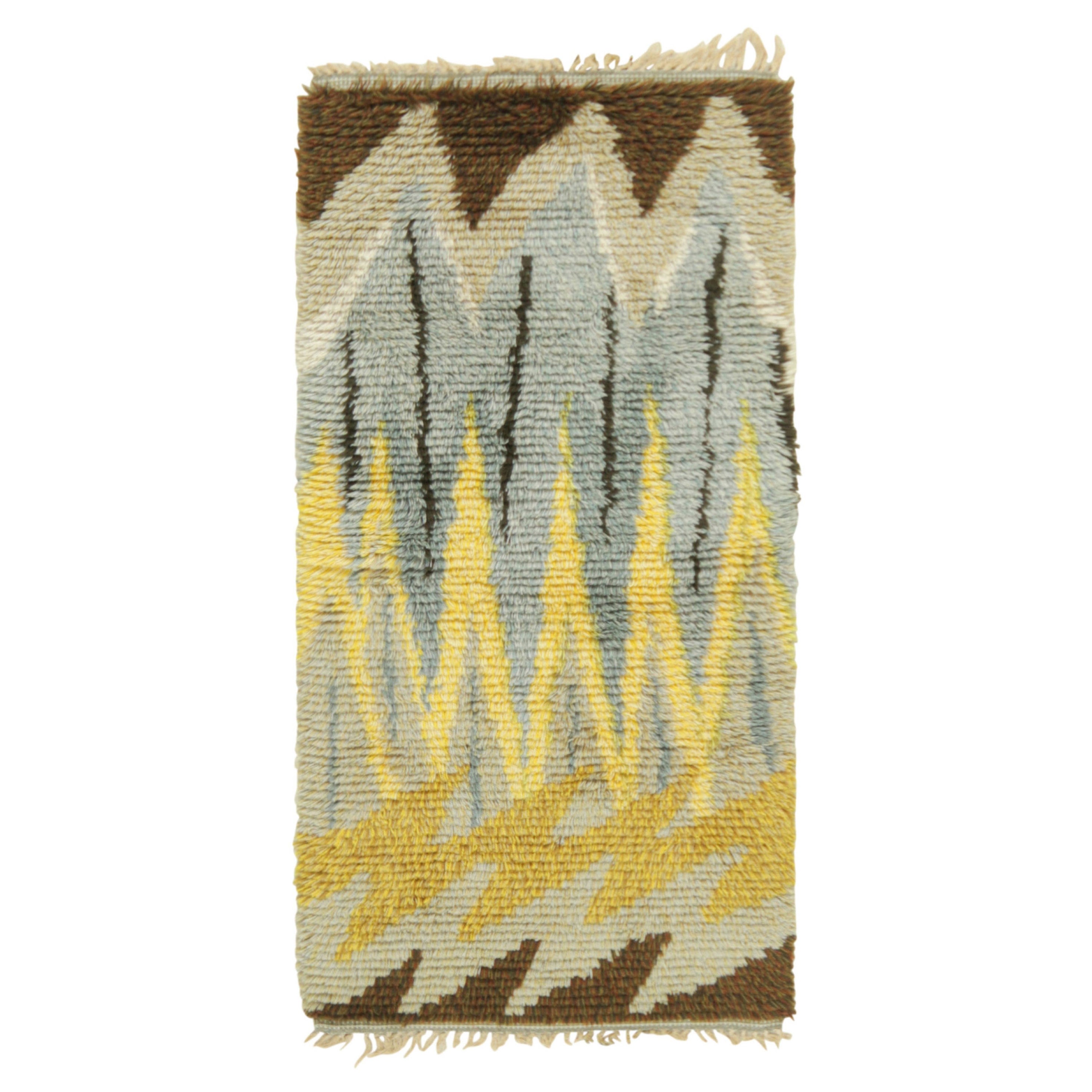 Alfombra sueca vintage Rya en marrón y azul con dibujo geométrico  Rug & Kilim