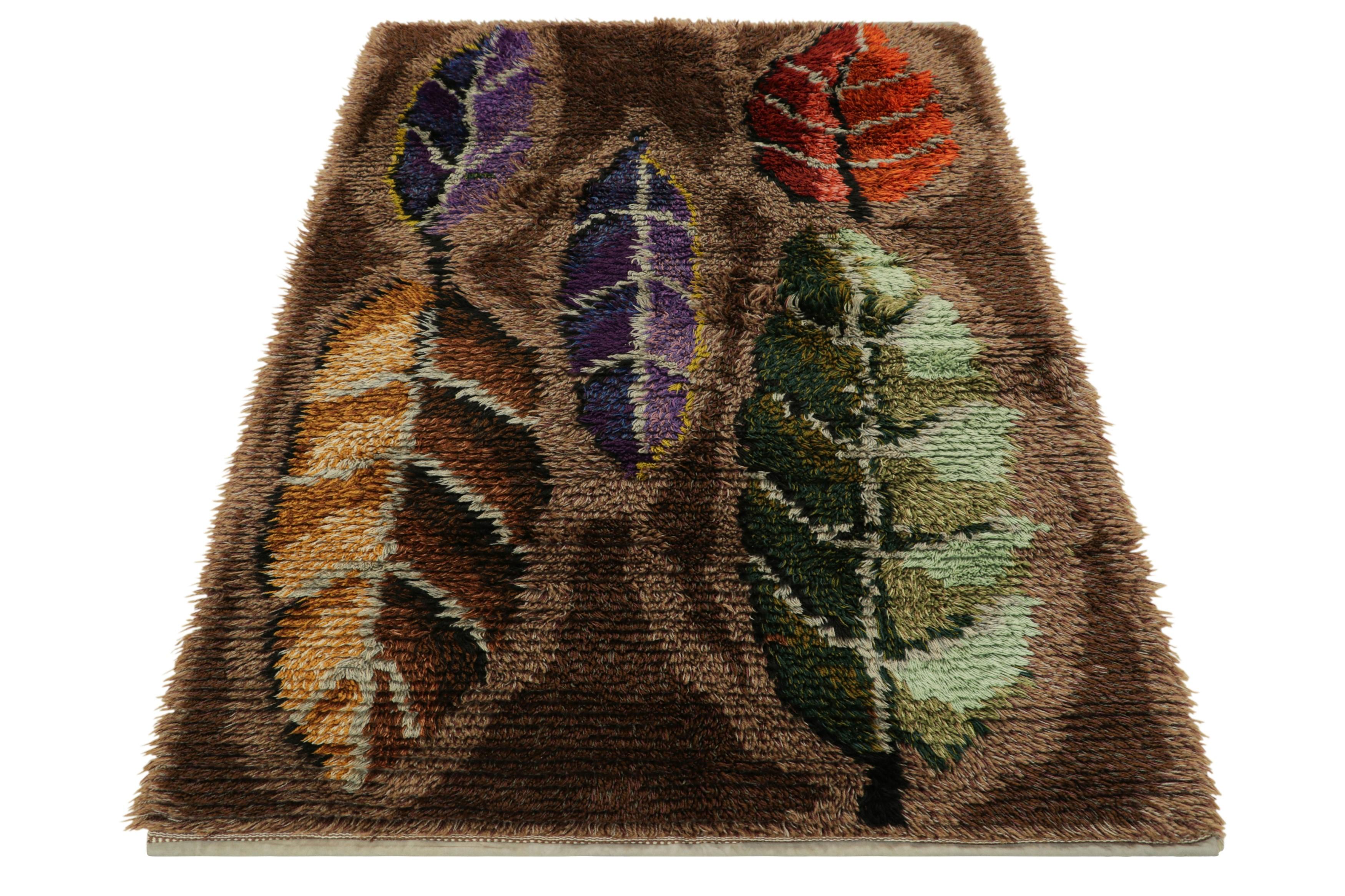 Mid-20th Century Vintage Swedish Rya Rug In Brown with Leaf Floral Patterns  Rug & Kilim For Sale