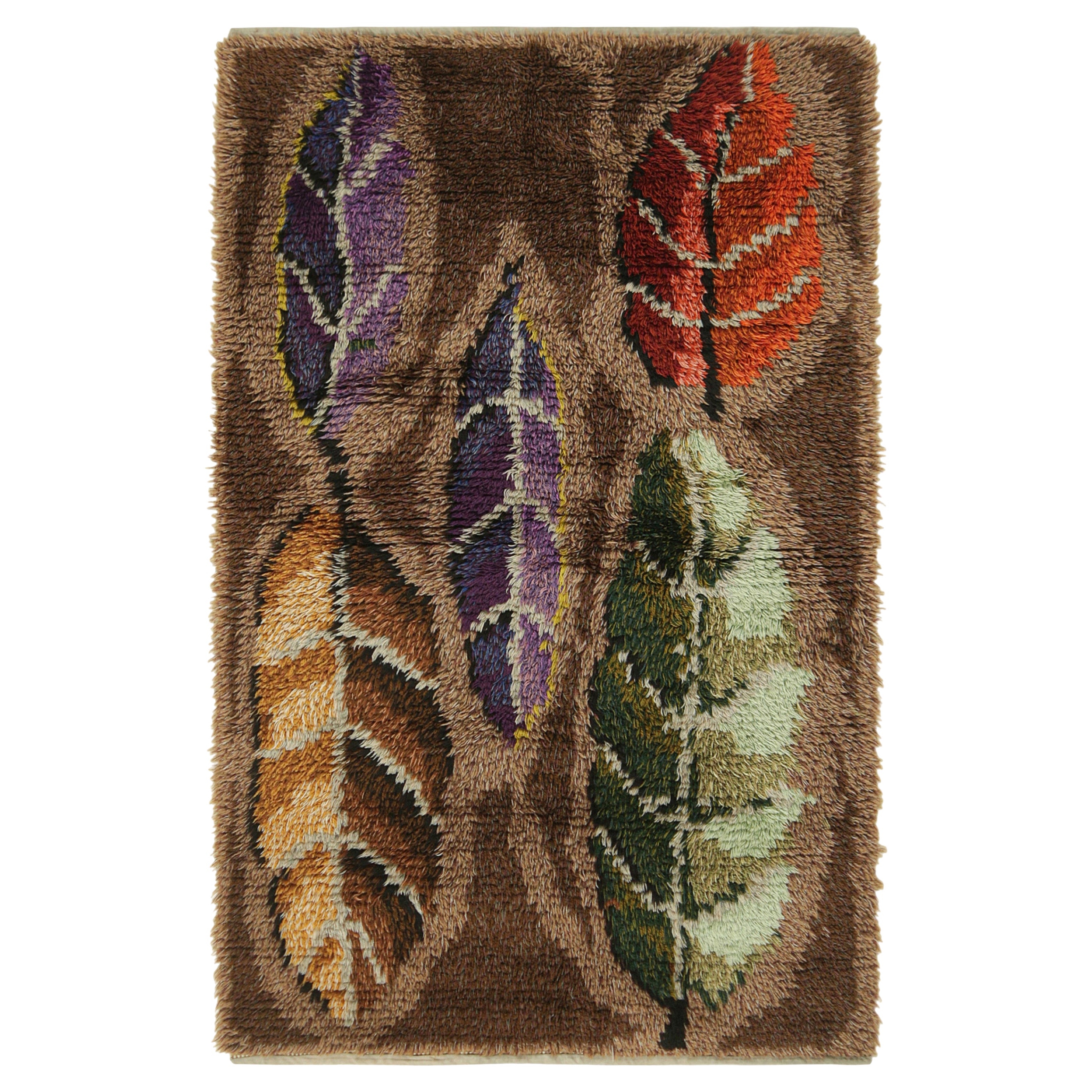 Tapis Rya suédois vintage en Brown avec motifs floraux en forme de feuilles  Rug & Kilim