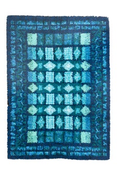 Vintage Swedish Rya Rug in Luminous Ocean Blues with Bold Geometric Design