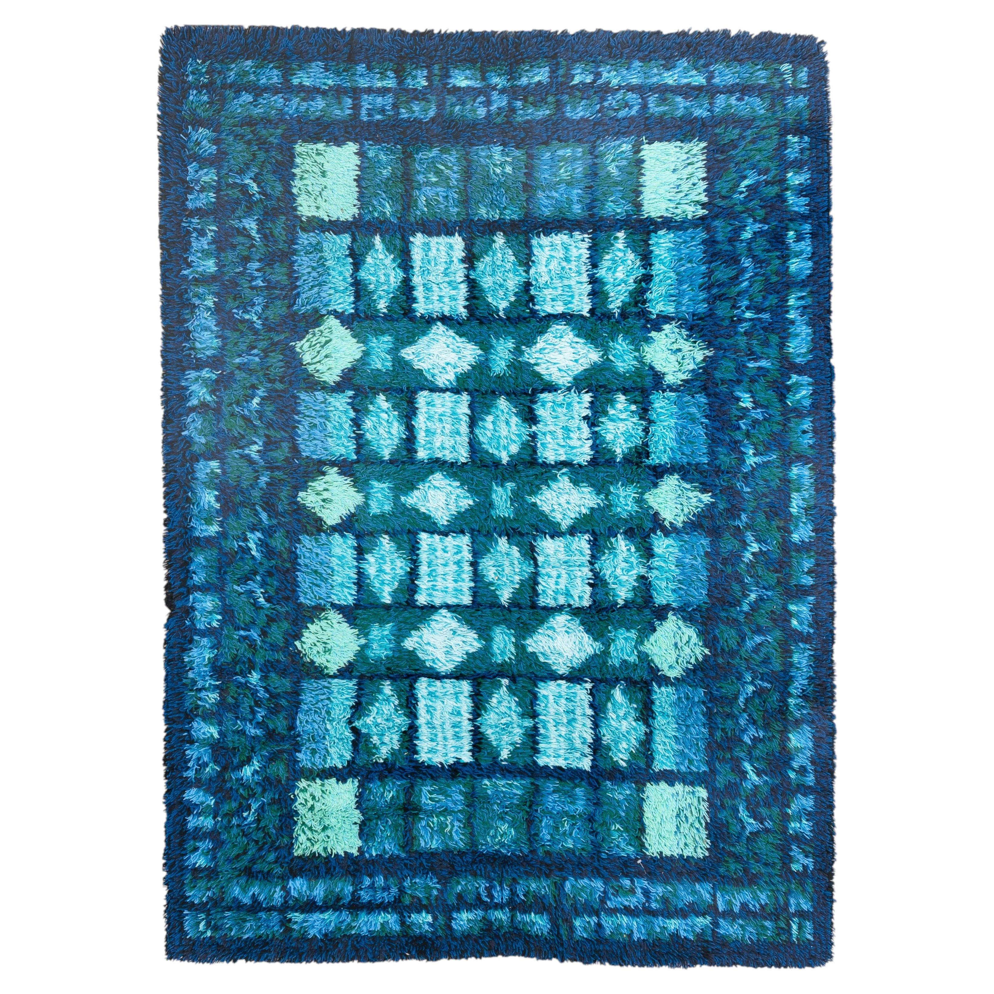 Vintage Swedish Rya Rug in Luminous Ocean Blues with Bold Geometric Design