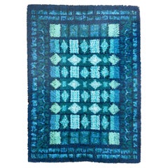 Vintage Swedish Rya Rug in Luminous Ocean Blues with Bold Geometric Design