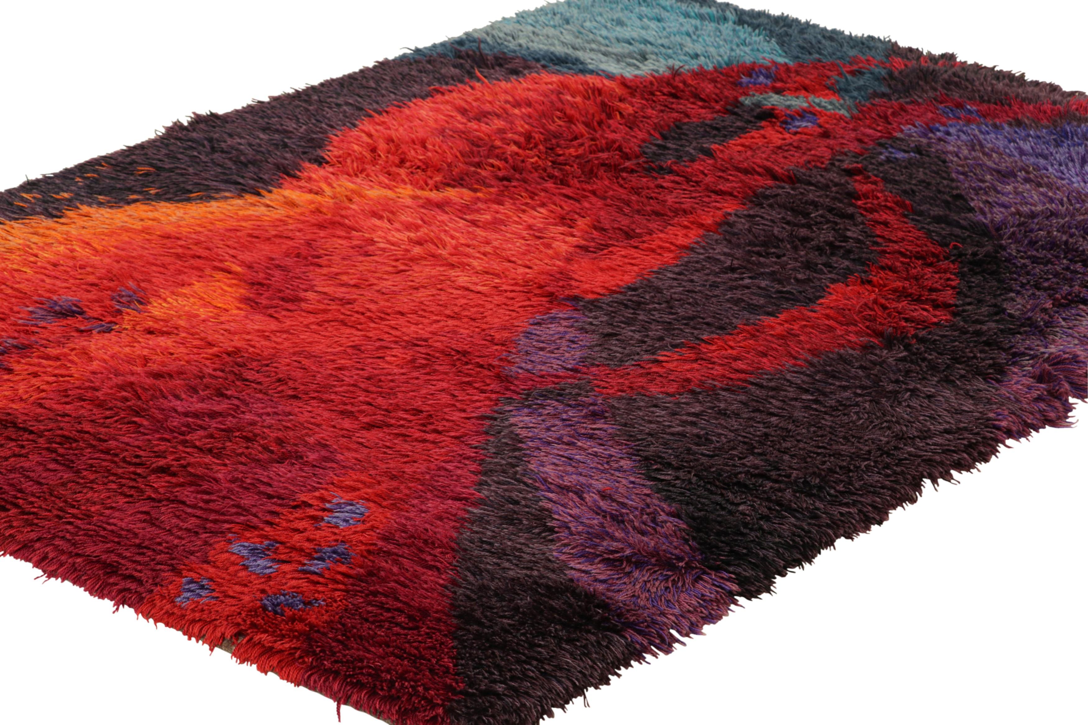 Vintage Swedish Rya Rug In Red with Abstract Geometric Patterns  Rug & Kilim In Good Condition For Sale In Long Island City, NY