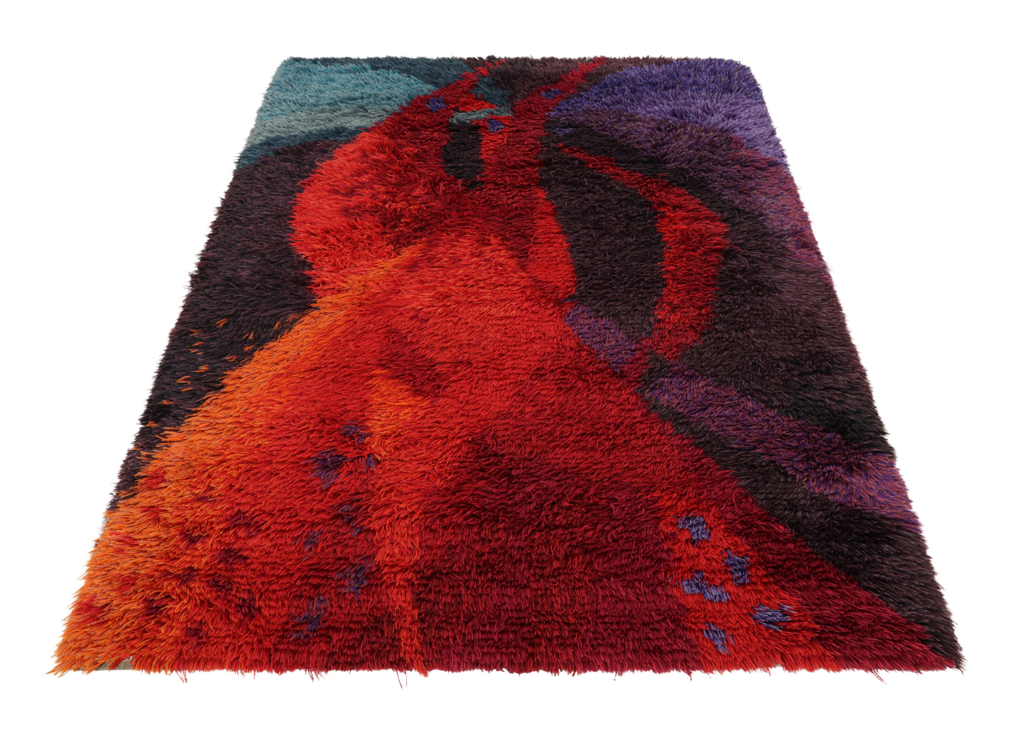 Mid-20th Century Vintage Swedish Rya Rug In Red with Abstract Geometric Patterns  Rug & Kilim For Sale