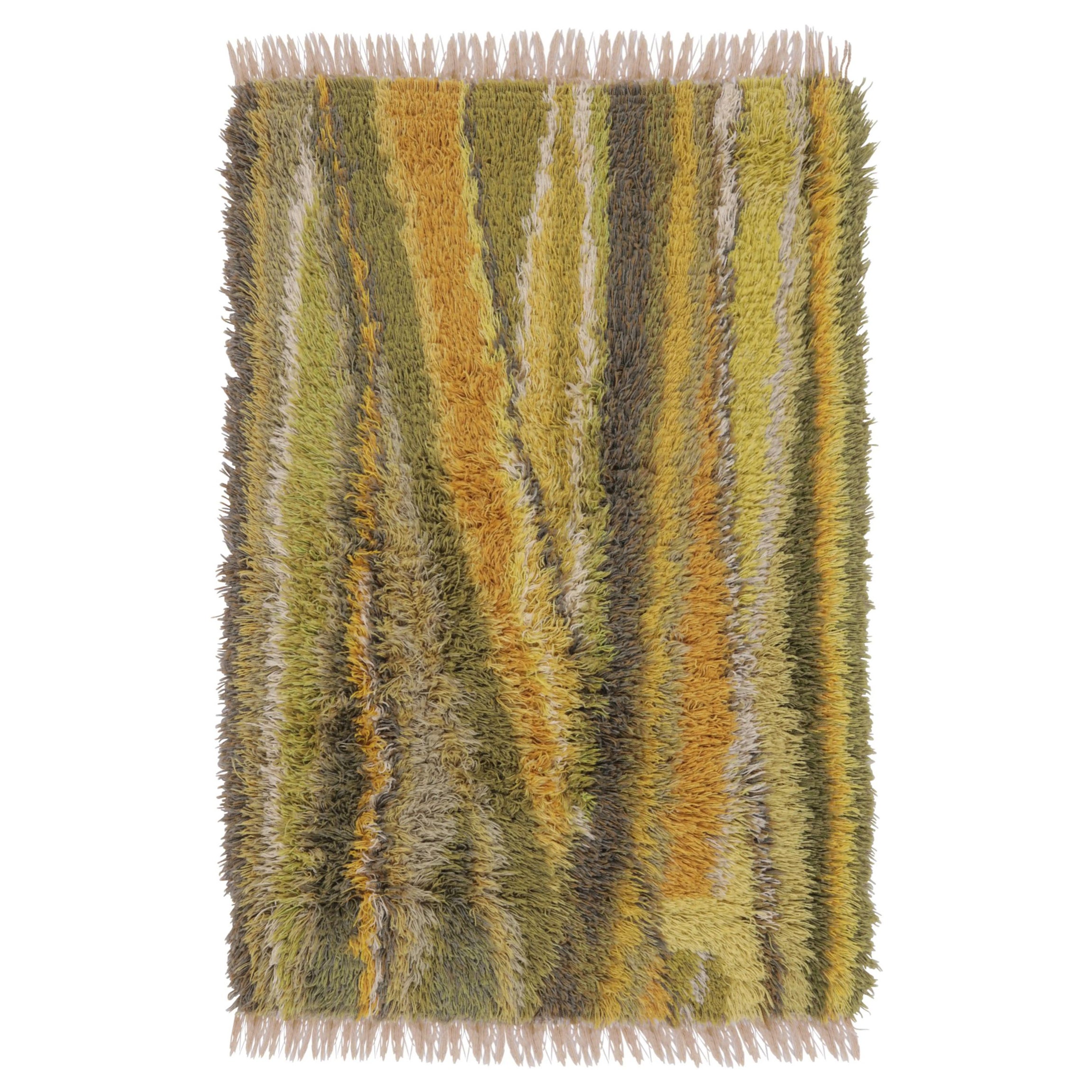 Vintage Swedish Rya Rug in Yellow and Green Geometric Design - Rug & Kilim For Sale