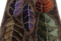 Vintage Swedish Rya Rug, Large Scandinavian Leaf Florals on Brown - Rug & Kilim