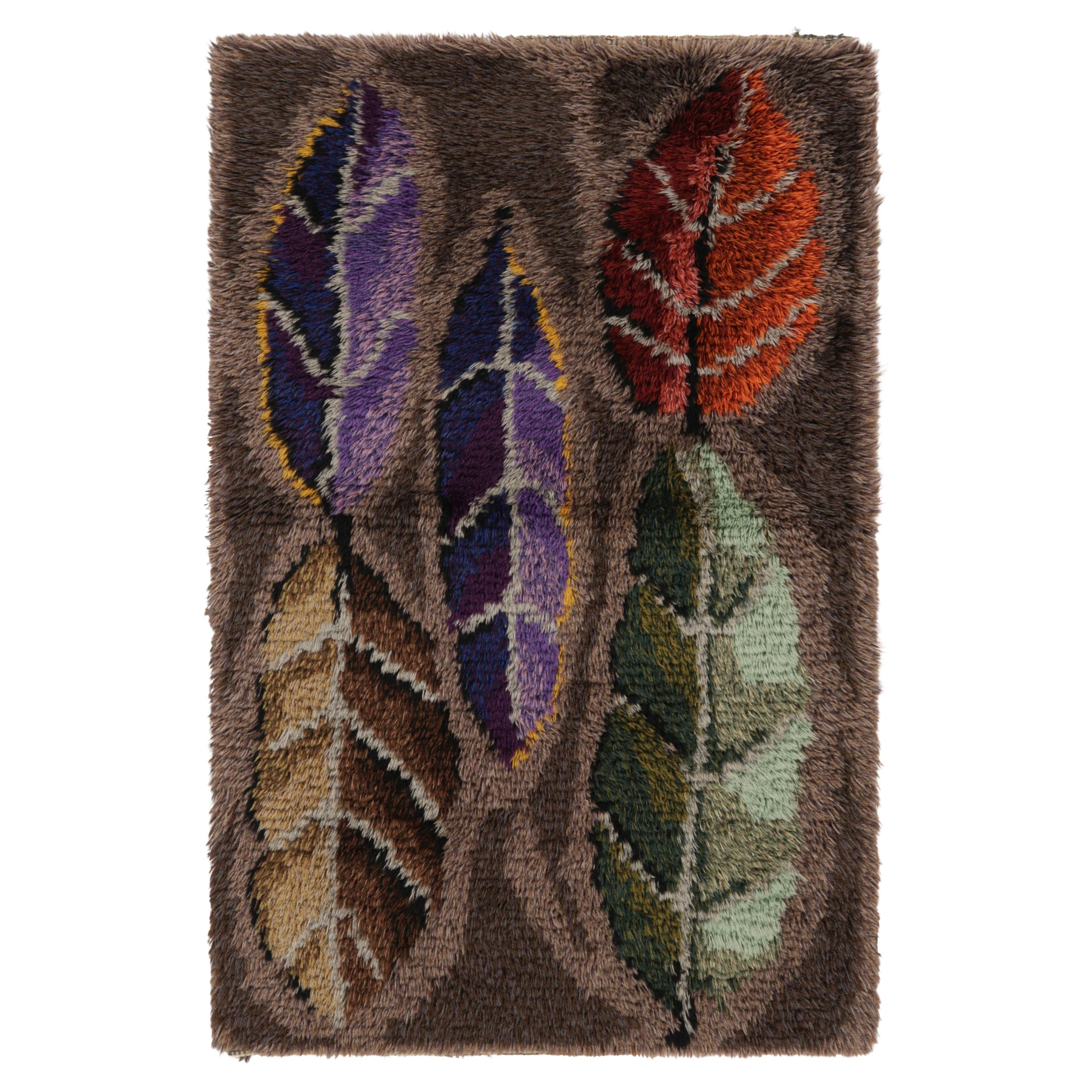 Vintage Swedish Rya Rug, Large Scandinavian Leaf Florals on Brown - Rug & Kilim