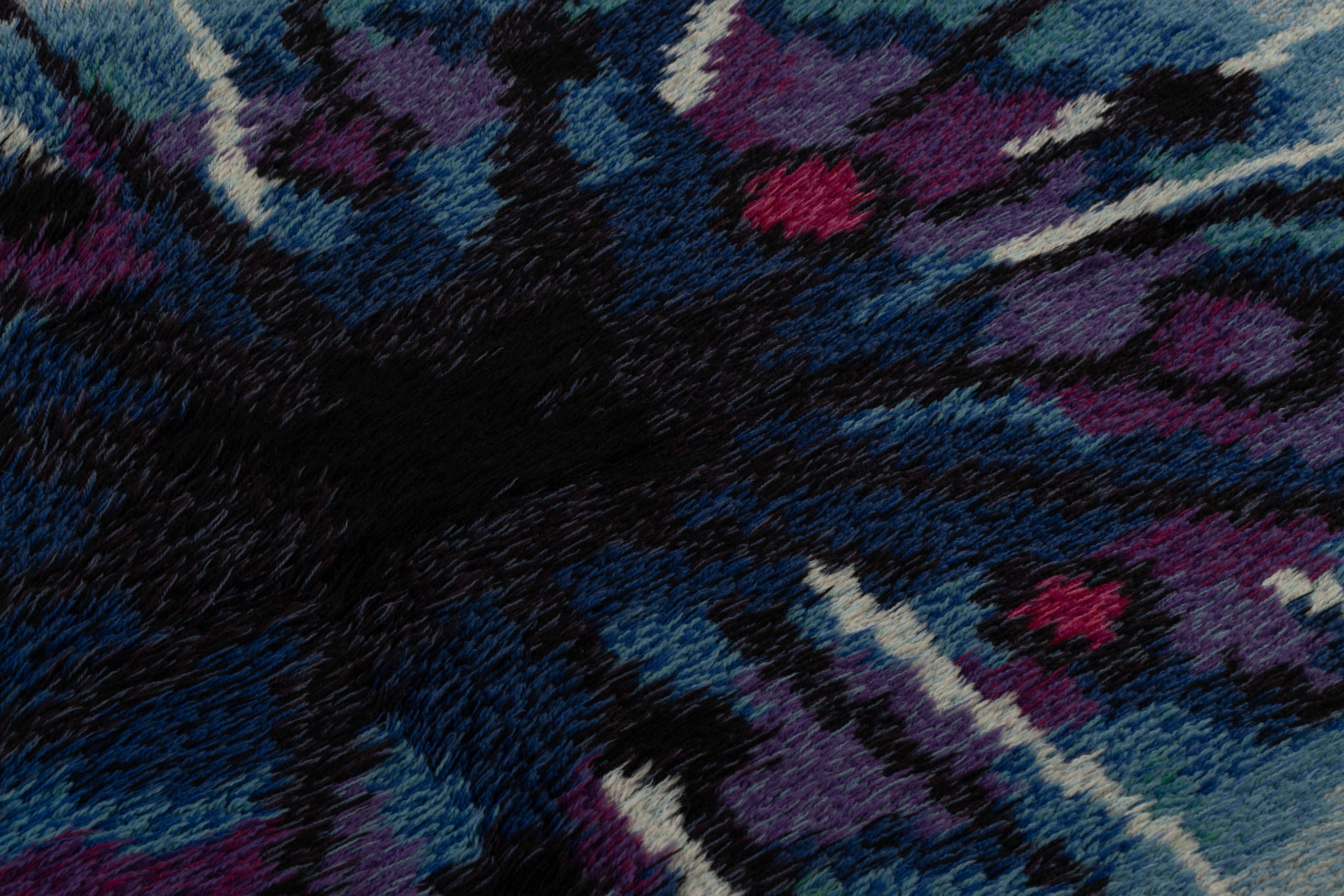 Suédois Tapis suédois vintage Rya, Mid-Century Modern Burst Pattern in Blue - Rug & Kilim en vente