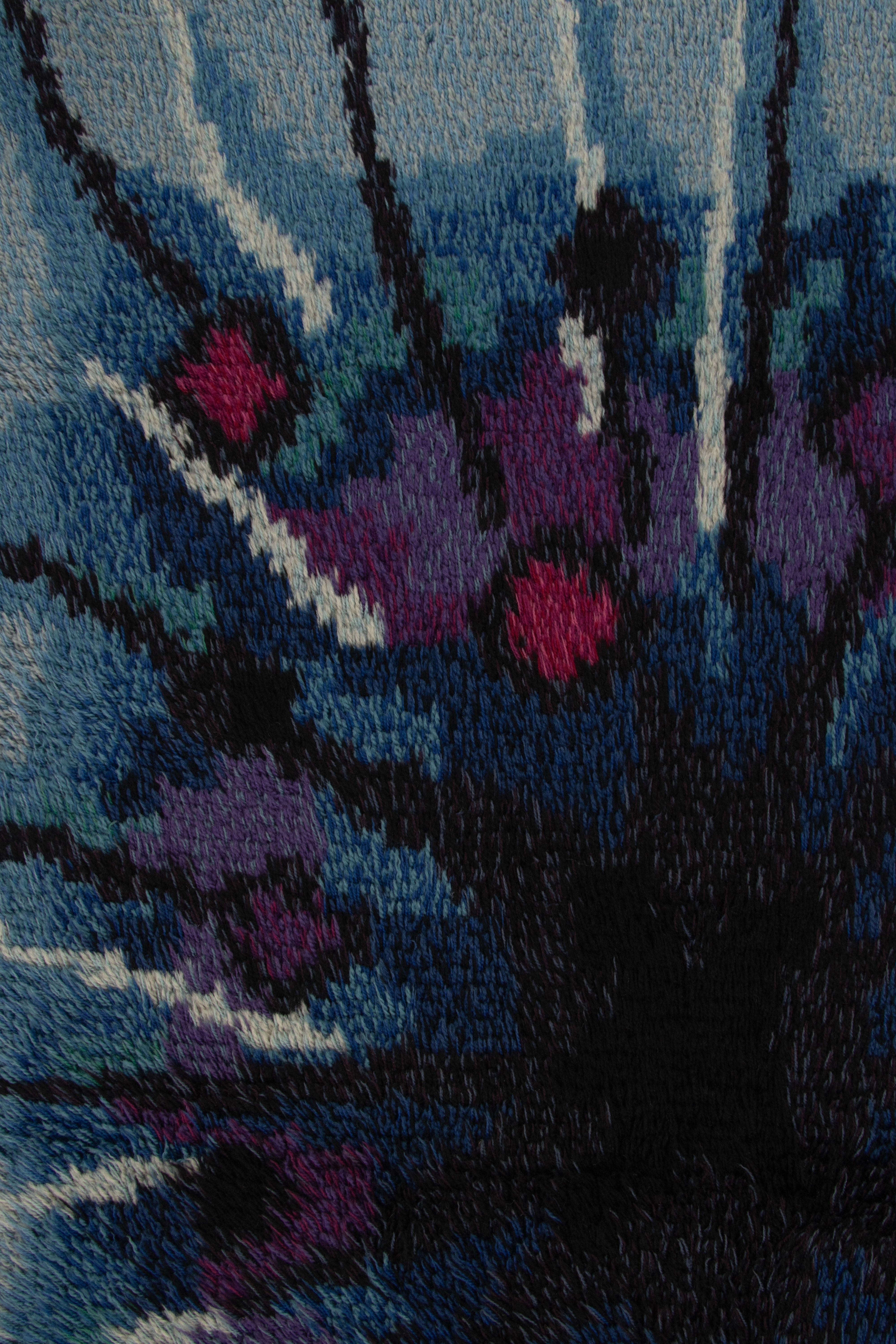 Noué à la main Tapis suédois vintage Rya, Mid-Century Modern Burst Pattern in Blue - Rug & Kilim en vente