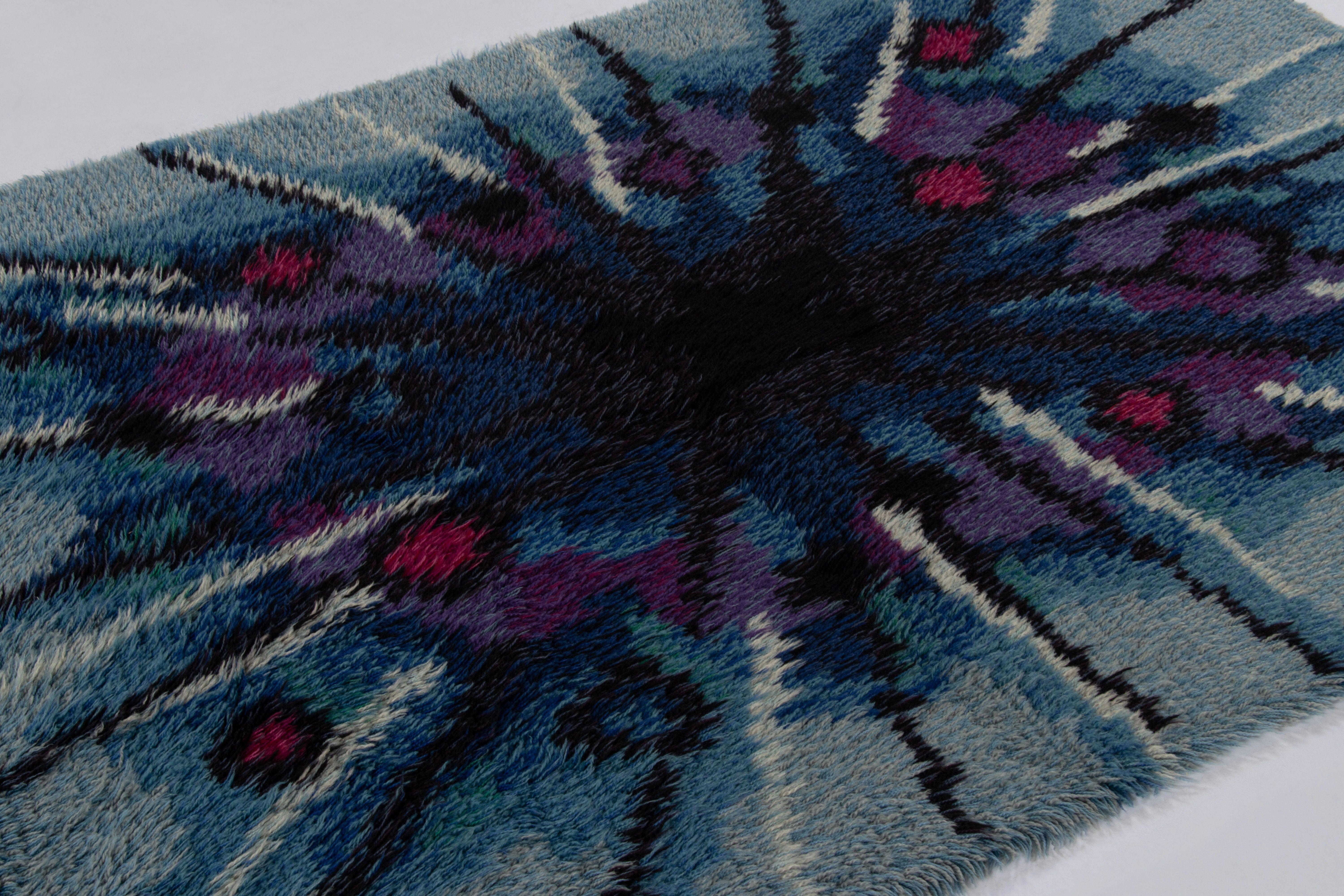 Tapis suédois vintage Rya, Mid-Century Modern Burst Pattern in Blue - Rug & Kilim Bon état - En vente à Long Island City, NY