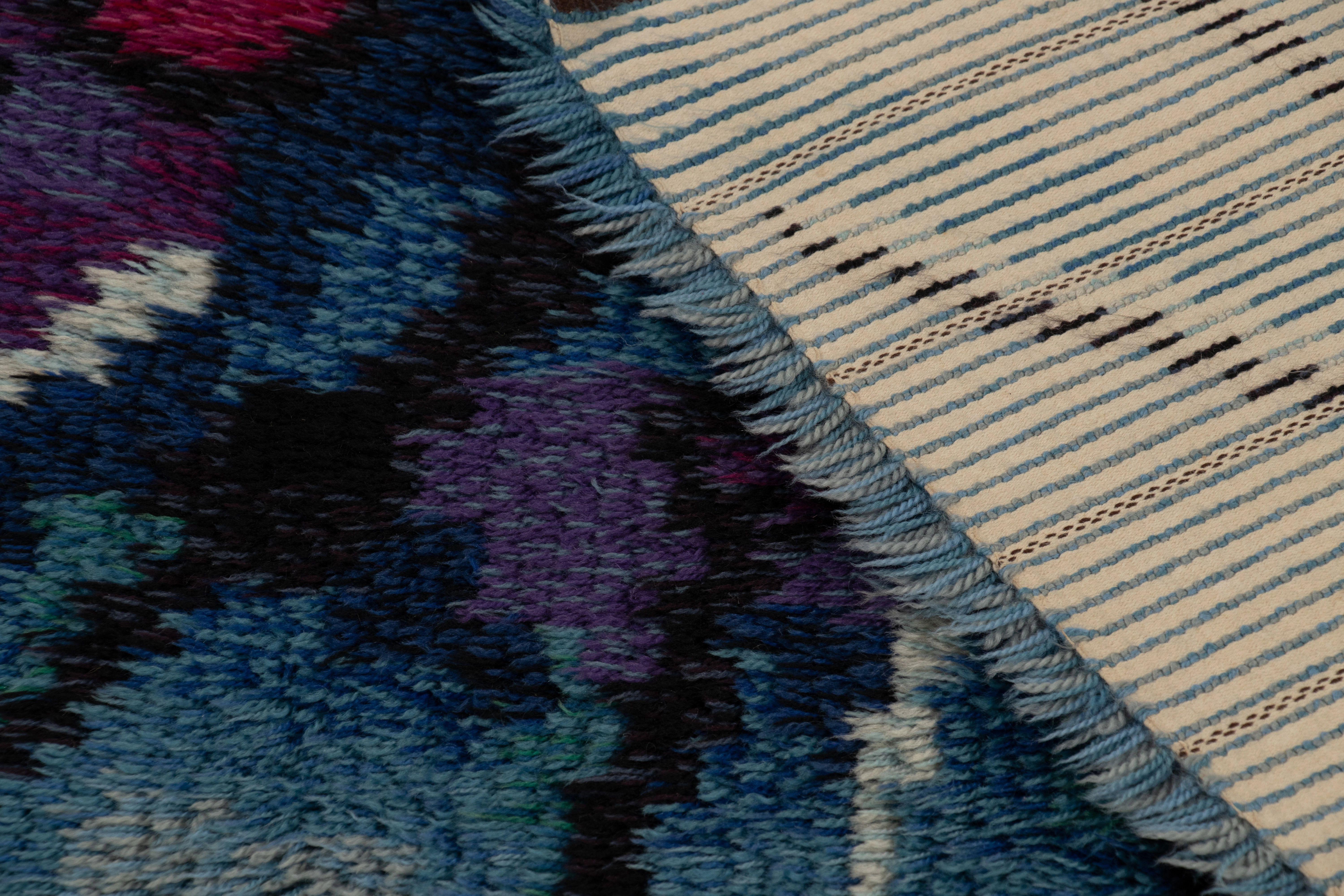 Laine Tapis suédois vintage Rya, Mid-Century Modern Burst Pattern in Blue - Rug & Kilim en vente