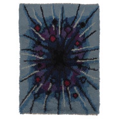 Retro Swedish Rya Rug, Mid-Century Modern Burst Pattern in Blue - Rug & Kilim