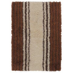 Retro Swedish Rya Rug, Minimalist Striped in Brown and Cream - Rug & Kilim