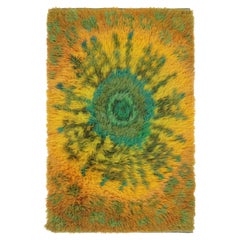 Schwedischer Vintage Rya-Teppich, leuchtend grünes und orangefarbenes geometrisches Muster - Rug & Kilim