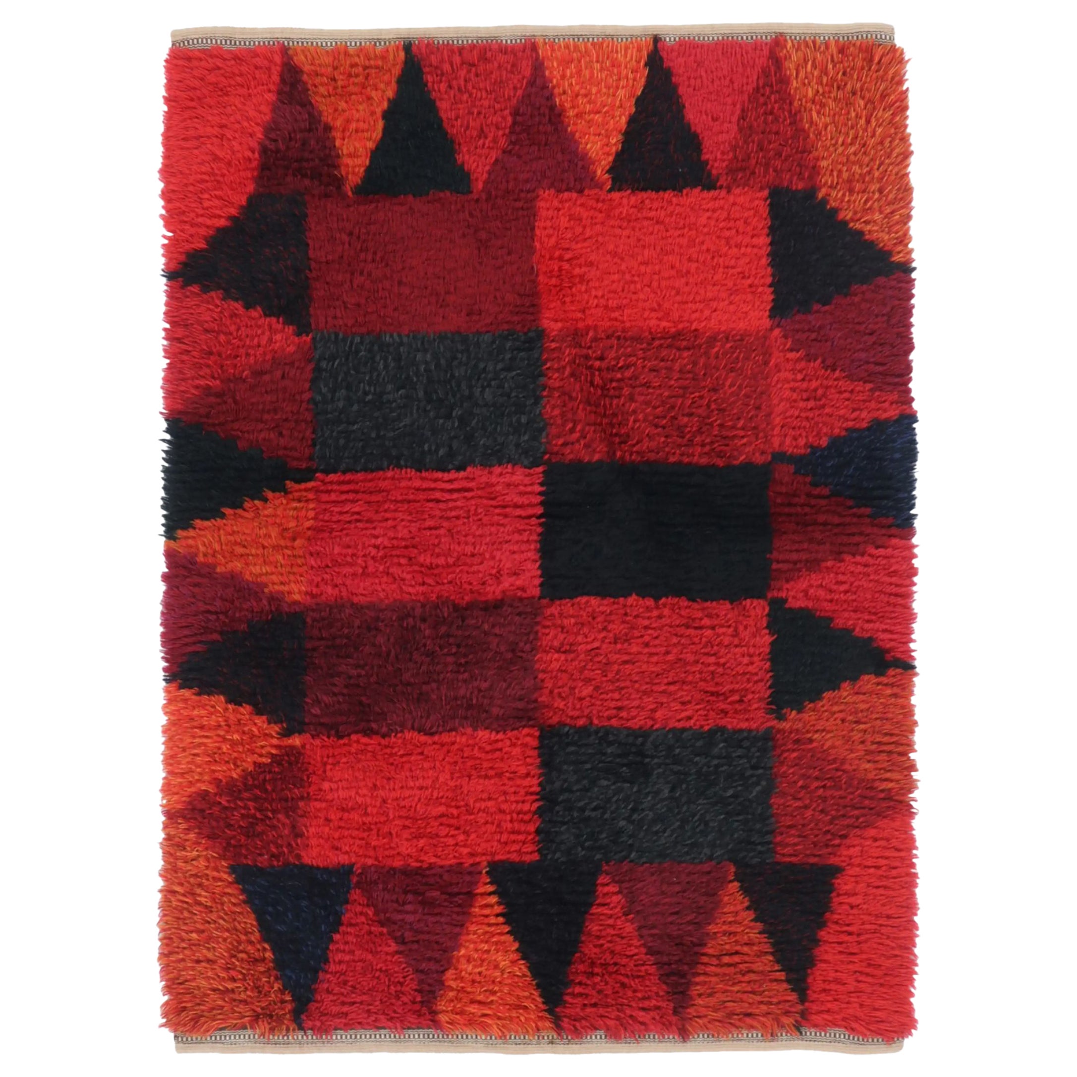 Vintage Swedish Rya Rug, Red and Black Geometric Pattern - Rug & Kilim
