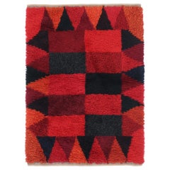 Vintage Swedish Rya Rug, Red and Black Geometric Pattern - Rug & Kilim