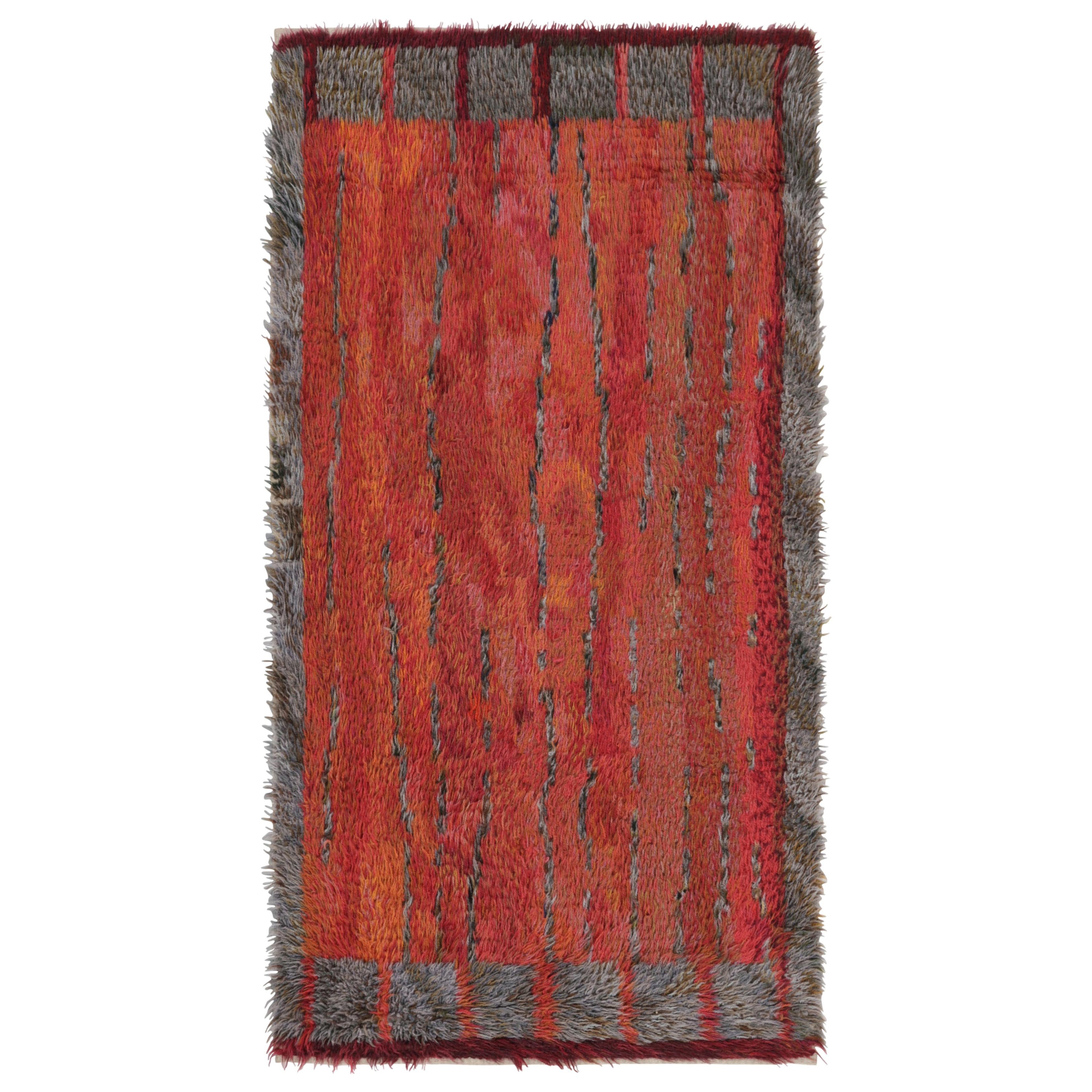 Vintage Swedish Rya Rug, Red and Gray Scandinavian Abstract Forms - Rug & Kilim For Sale